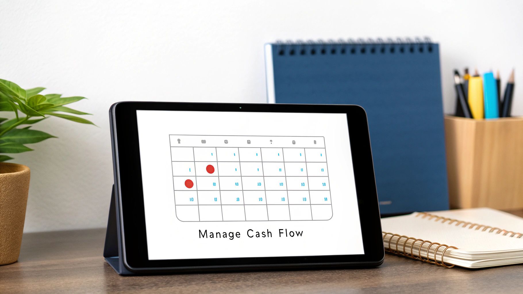 A tablet displaying a 'Manage Cash Flow' calendar on a desk with office supplies.