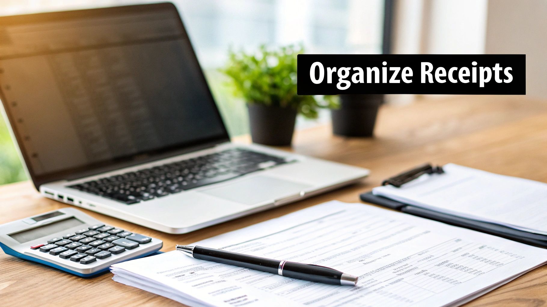 A workspace with a laptop, calculator, documents, pen, plants, and text 'Organize Receipts'.