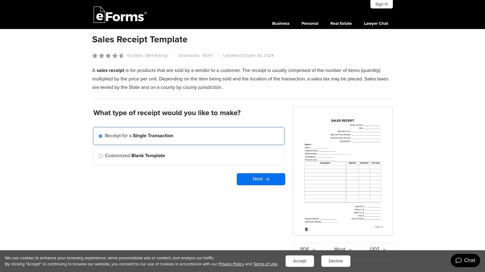 A screenshot of the eForms website displaying a sales receipt template with download options for Word, PDF, and ODT formats.