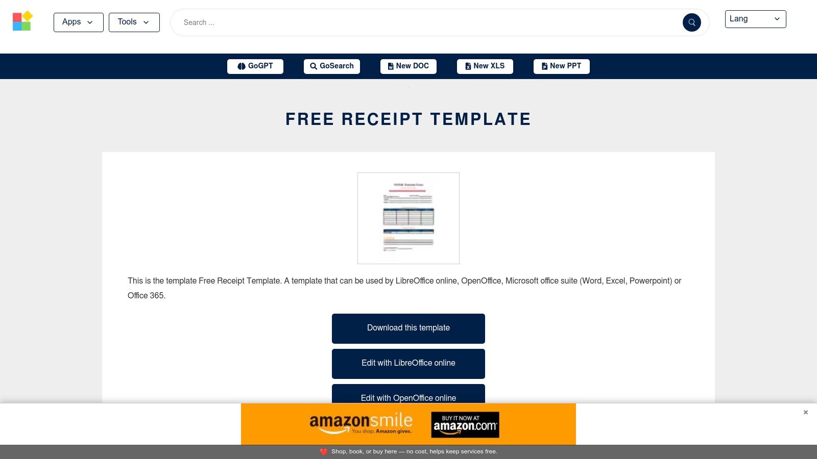 A screenshot of the OffiDocs website showing a simple receipt template available for download or online editing.