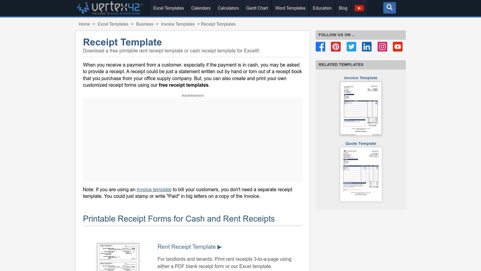 Vertex42 – Excel/Google Sheets/Word Receipt Templates