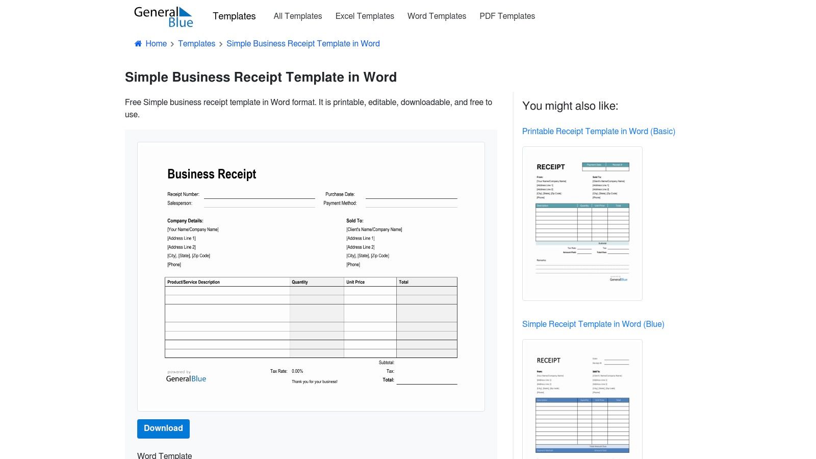 A screenshot of the General Blue website displaying a simple business receipt template with fields for date, amount, and payment method.