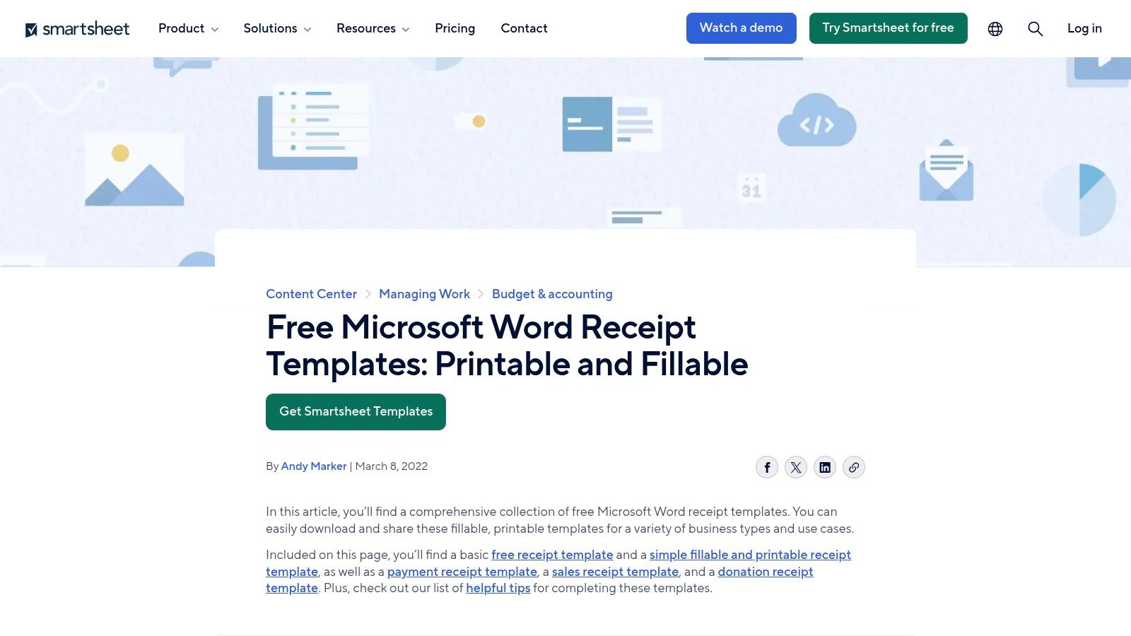 A screenshot of the Smartsheet website displaying various receipt templates for Microsoft Word, Excel, and other formats.