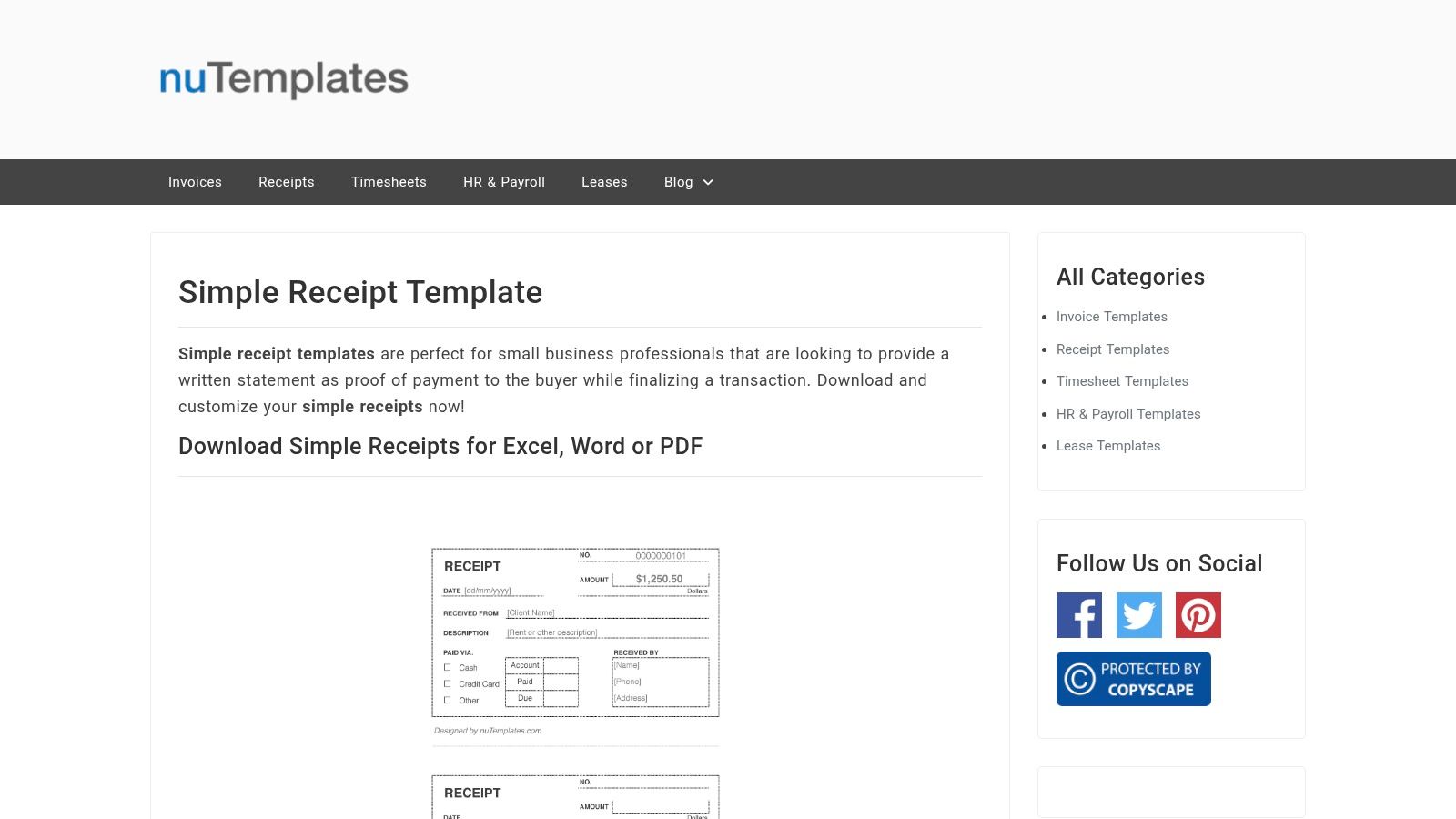 A screenshot of the nuTemplates website showing a simple receipt template in Microsoft Word, alongside download links for PDF and Excel versions.