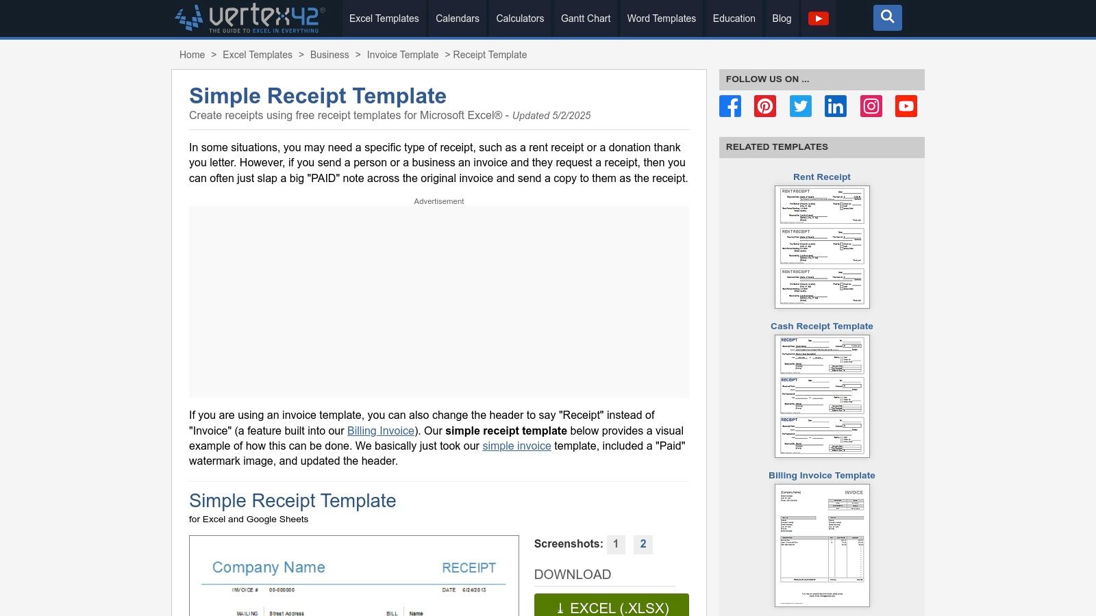 Vertex42 — Excel/Google Sheets Receipt Templates