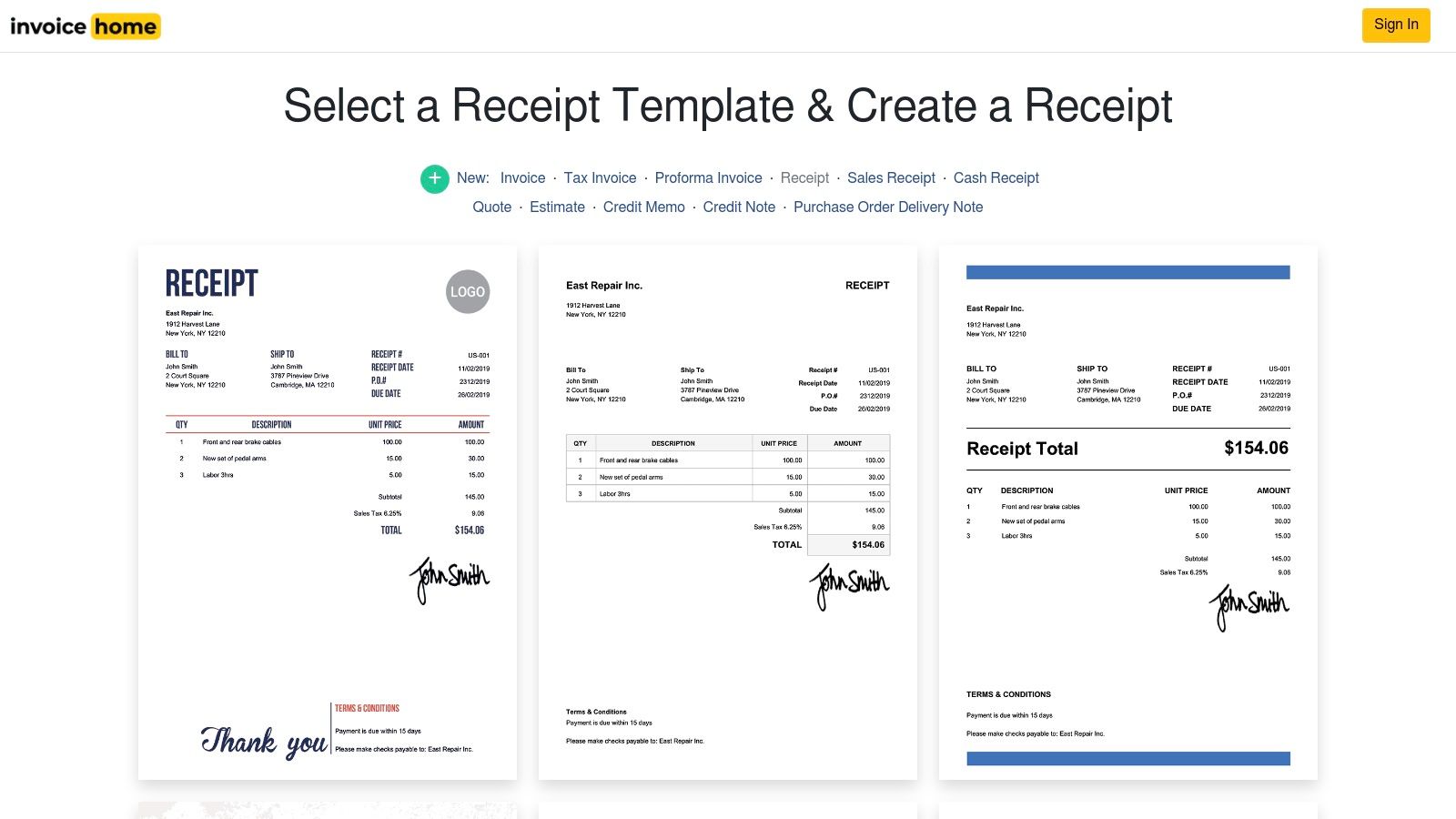 Invoice Home — Online Receipt Templates