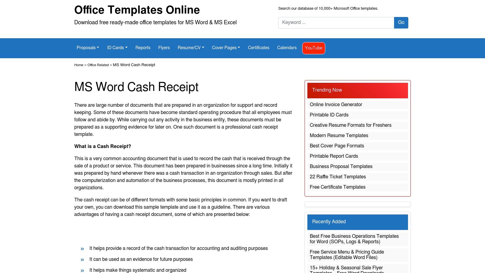 A screenshot of the OfficeTemplatesOnline website showing a cash receipt template for Microsoft Word with a three-per-page layout.
