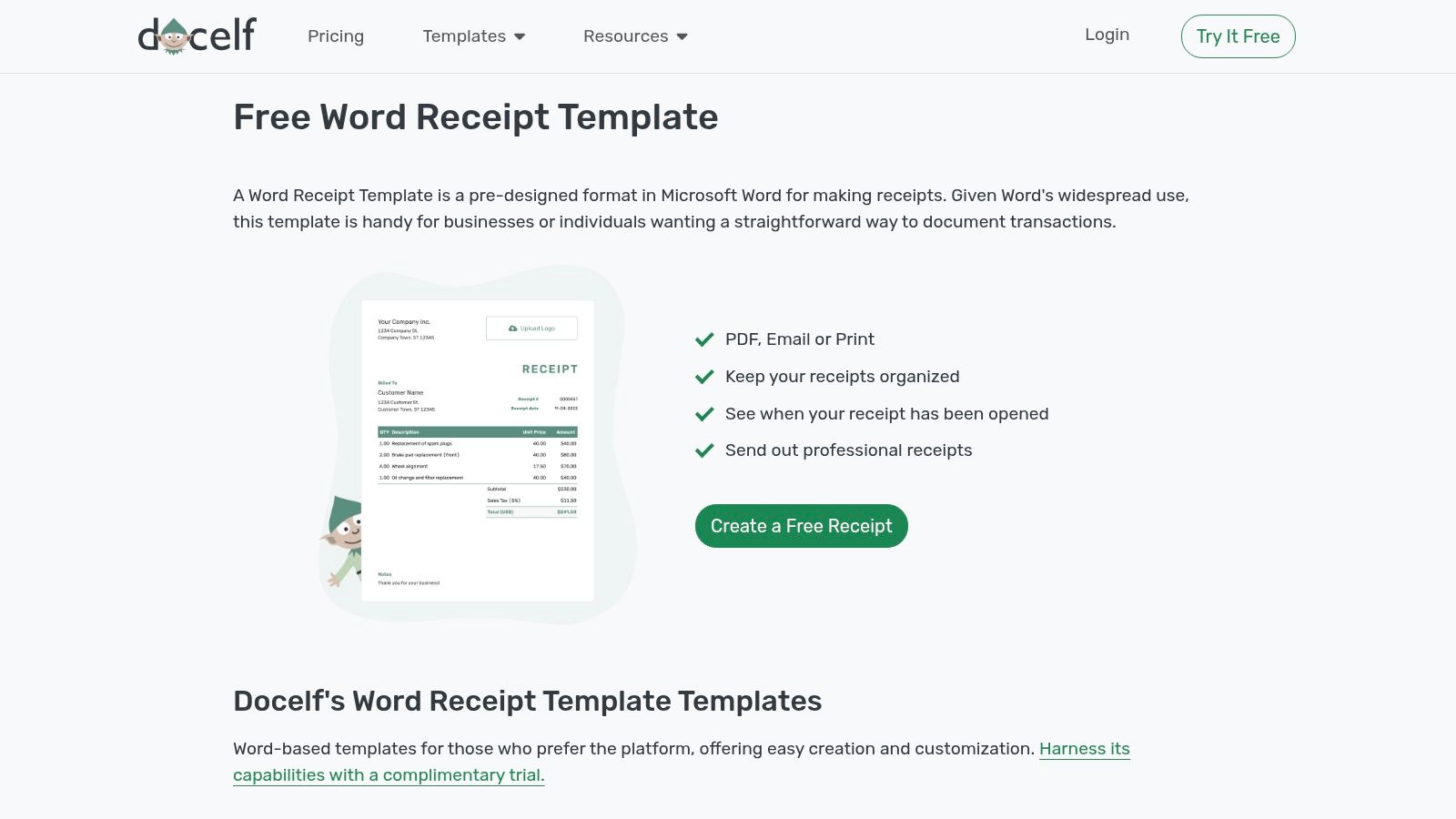 A screenshot of the Docelf website showing a Microsoft Word receipt template with fields for company, client, and item details.