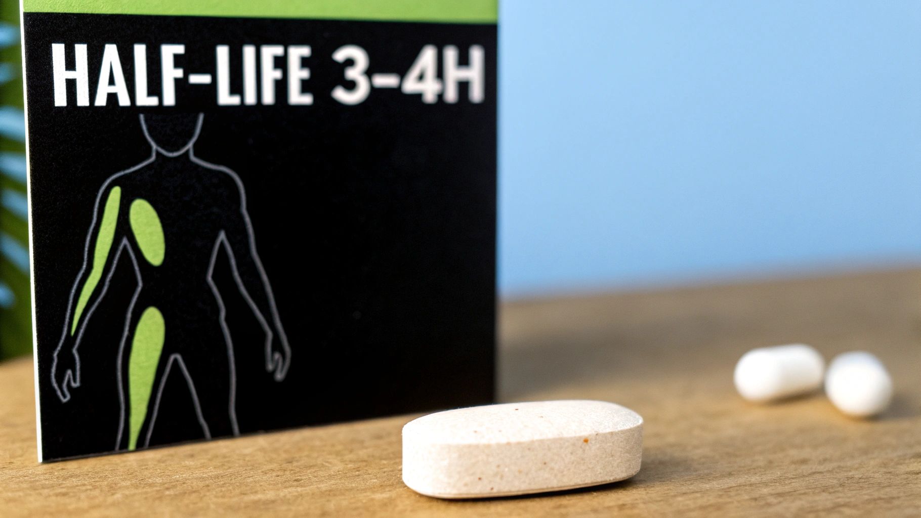 Close-up of a 'HALF-LIFE 3-4H' card featuring a human figure, with several pills on a wooden table.
