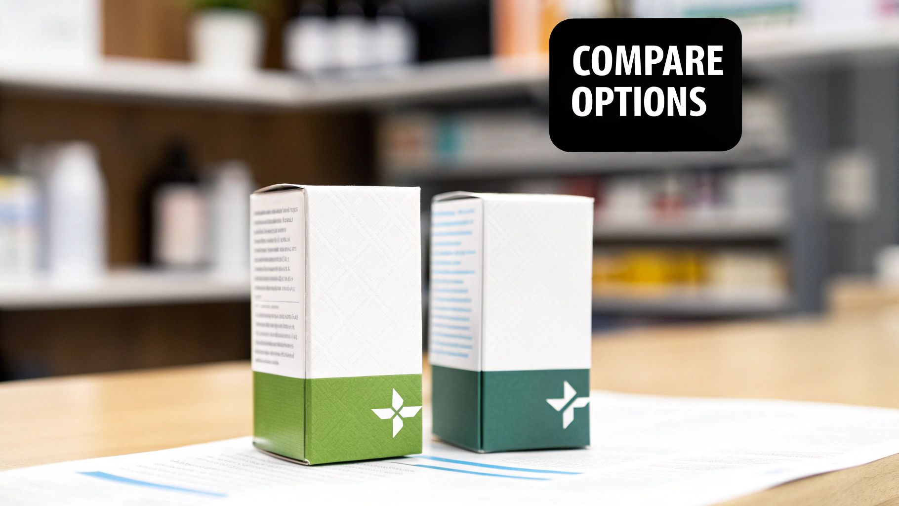 Two medication boxes, one green and one dark green, on a table with 'COMPARE OPTIONS' in a pharmacy setting.