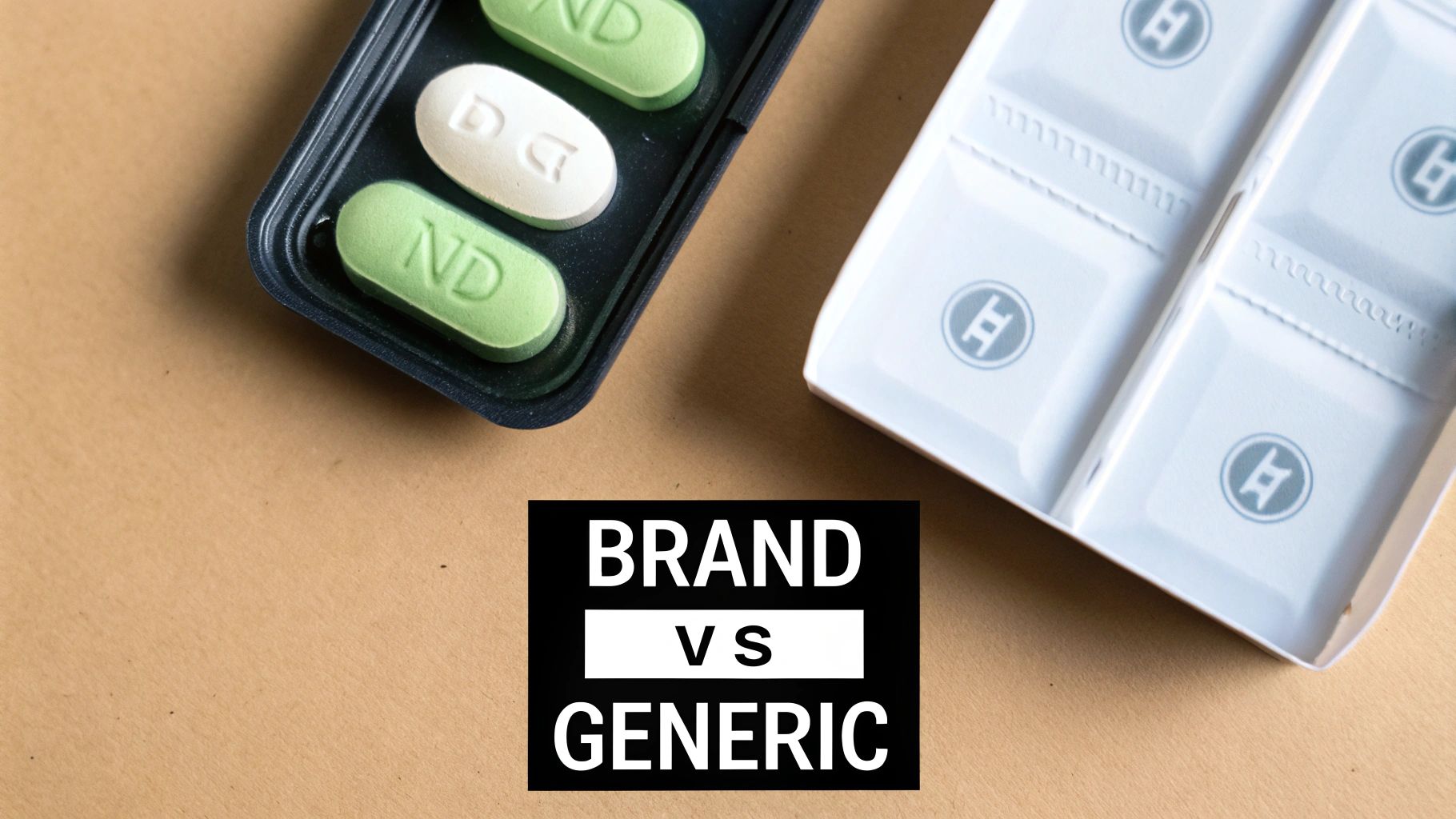 Overhead view comparing generic pills with a branded medication blister pack.
