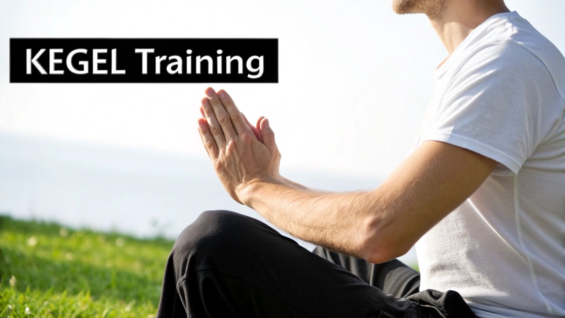 A man meditating outdoors with hands clasped in a prayer position, with 'KEGEL Training' text.