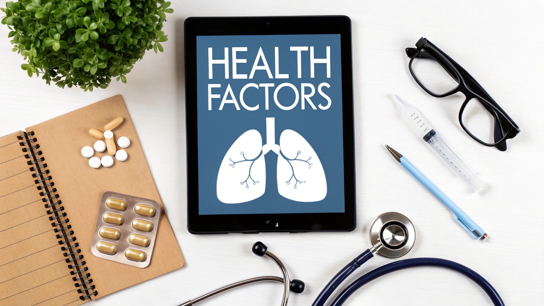 A flat lay of medical supplies, a tablet showing 'HEALTH FACTORS' and lungs, and medication on a white desk.