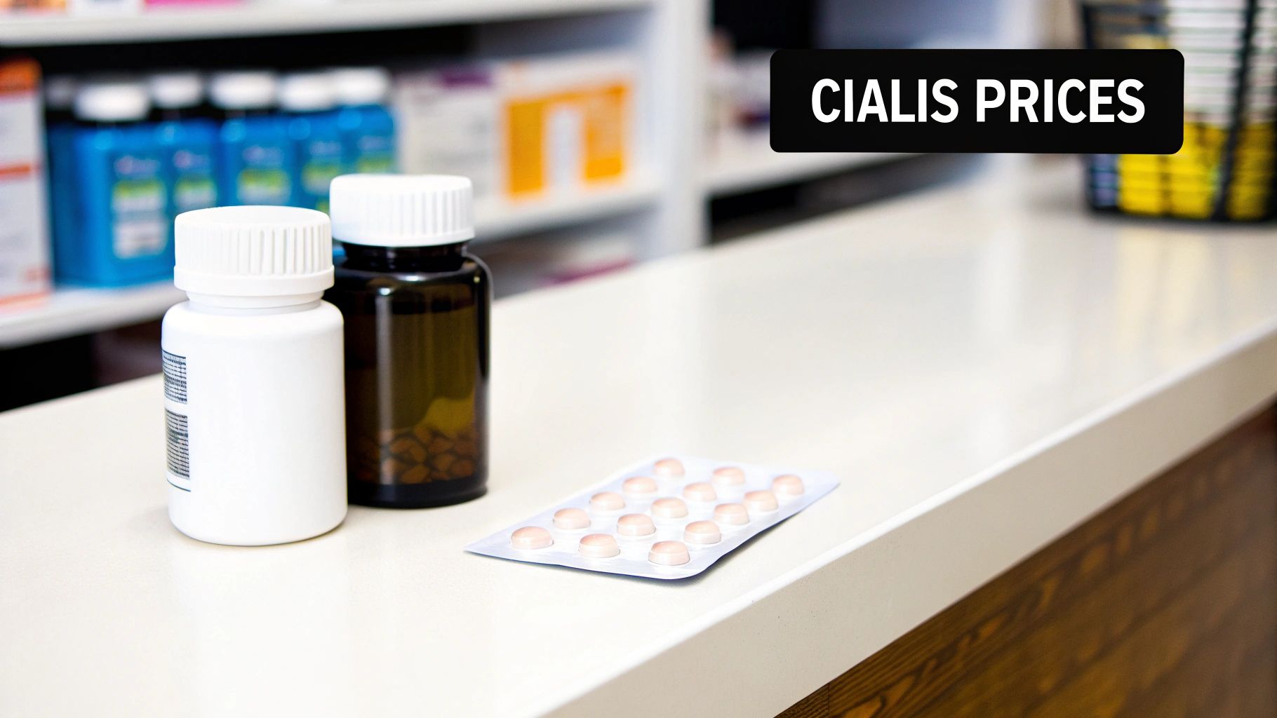 Cialis medication bottles and blister pack of tablets displayed on pharmacy counter