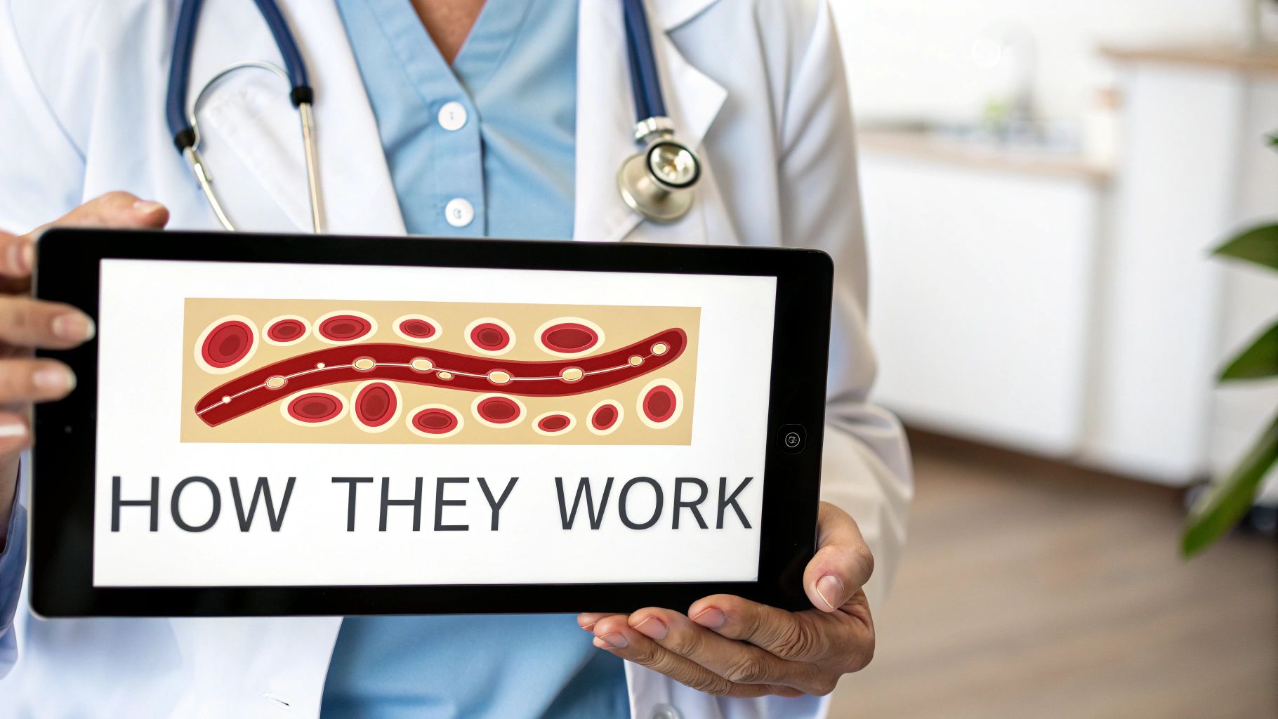 A doctor holds a tablet displaying a medical diagram of blood vessels and the text 'HOW THEY WORK'.