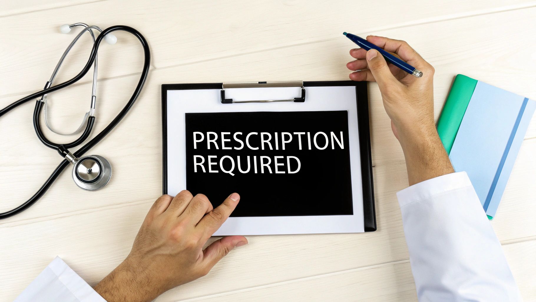 Overhead view of a doctor's desk with a clipboard displaying 'PRESCRIPTION REQUIRED', a stethoscope, and notebooks.