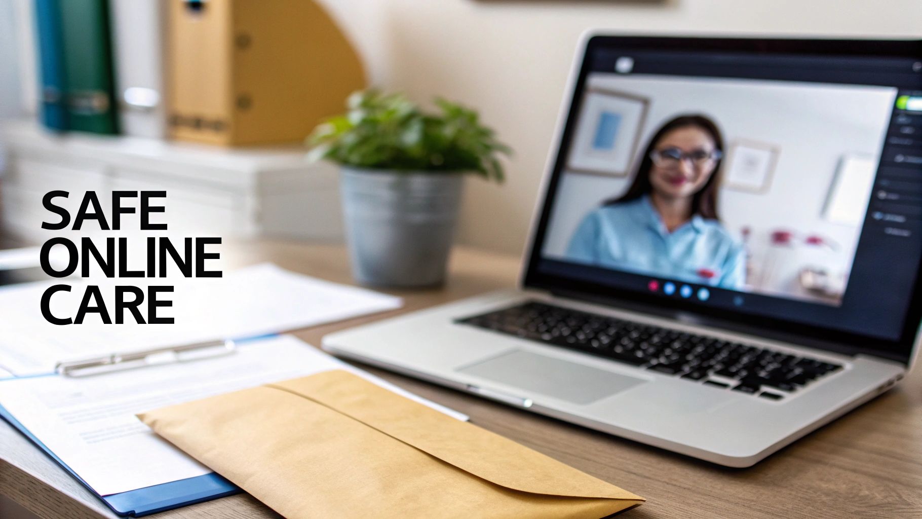 A laptop on a desk displaying a video call of a woman, with 'SAFE ONLINE CARE' text.