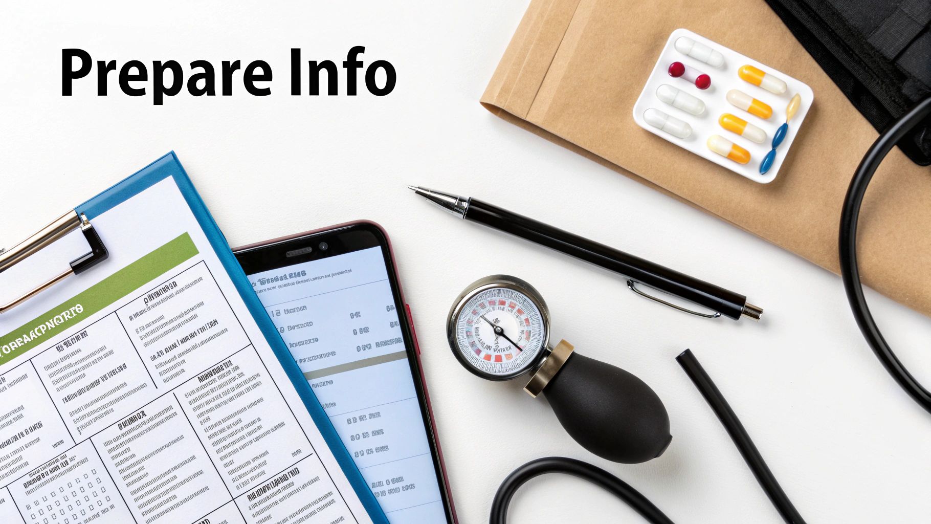 A flat lay of medical preparation including documents, a smartphone, a blood pressure monitor, and pills.
