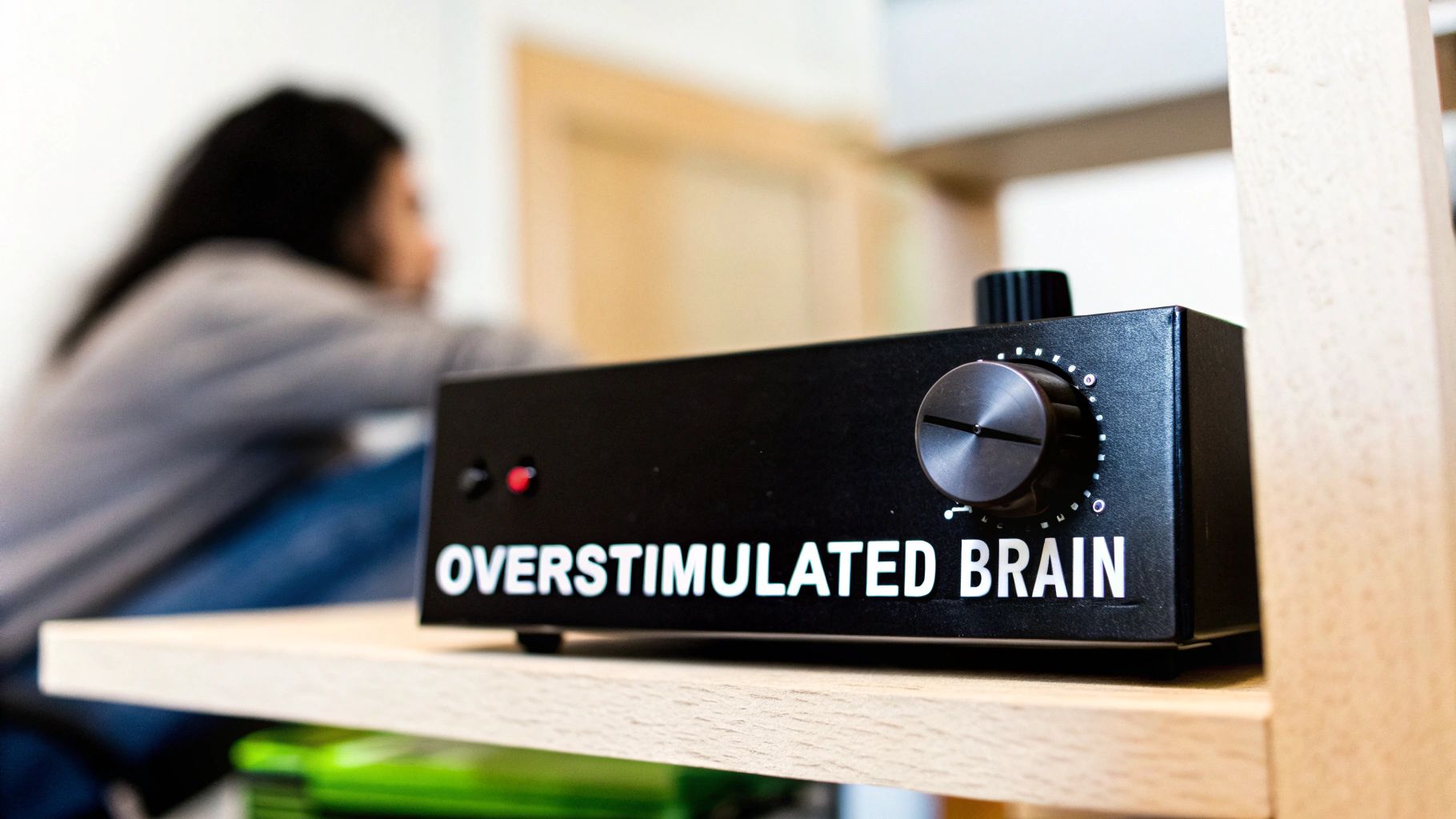 A black box labeled 'OVERSTIMULATED BRAIN' with control knobs, symbolizing mental overwhelm, on a shelf with a blurry person.
