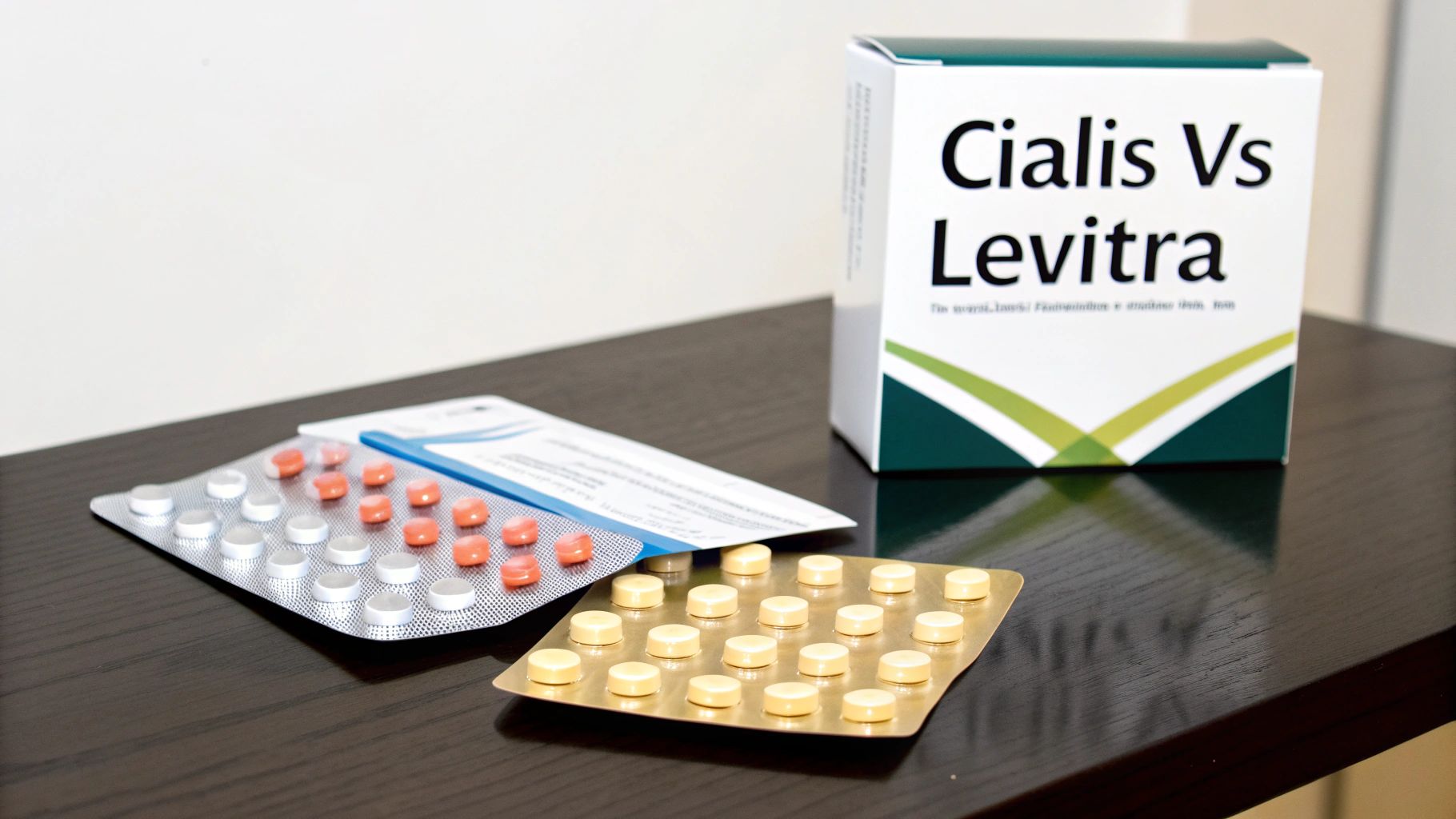 A box labeled 'Cialis Vs Levitra' sits next to blister packs of white, orange, and yellow pills.