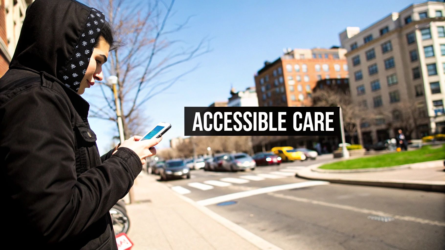 A person in a black hooded jacket uses a smartphone on a city street, with 'ACCESSIBLE CARE' text overlay.