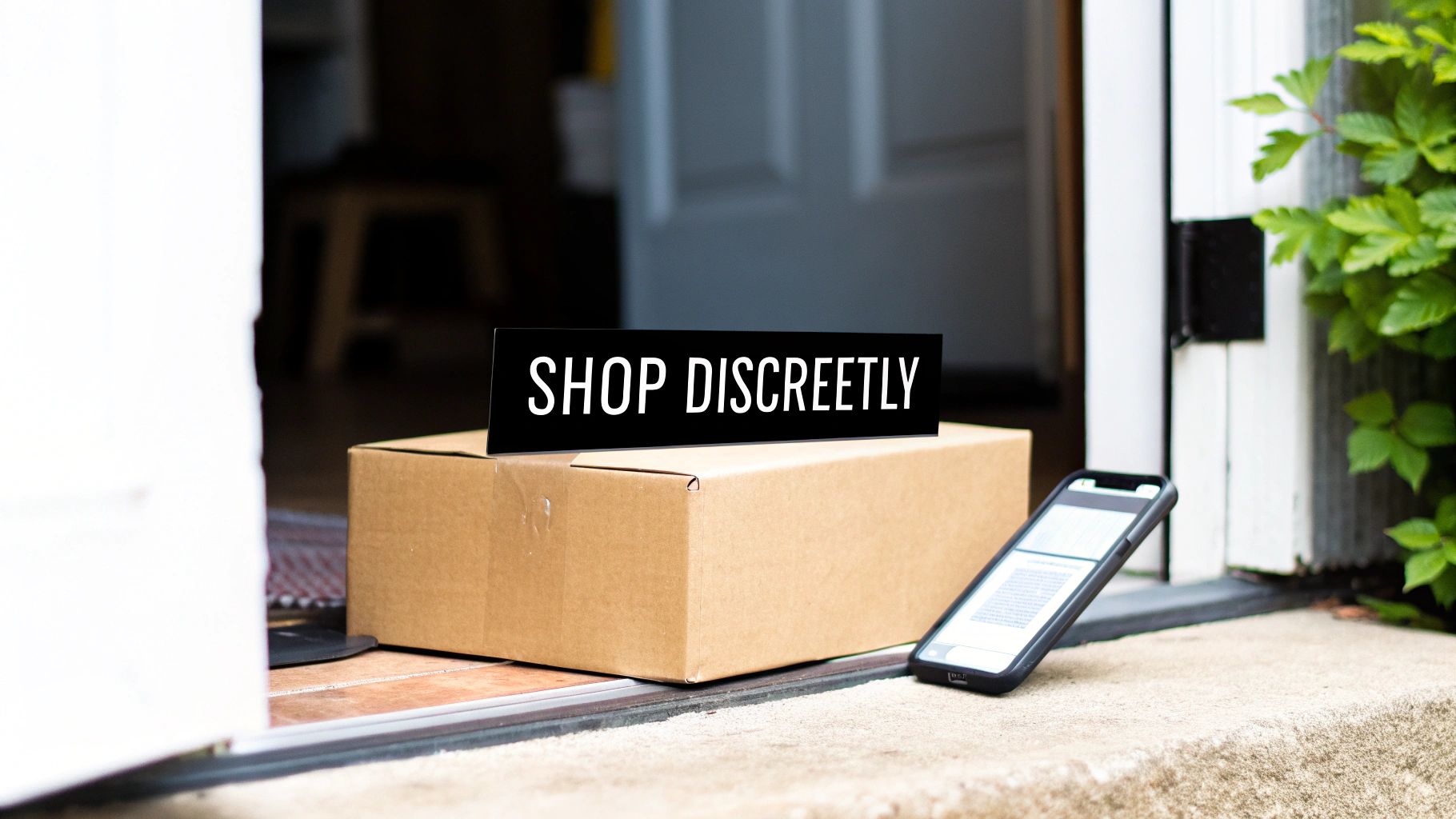 A plain, unmarked cardboard box being handed to a person, representing discreet delivery.
