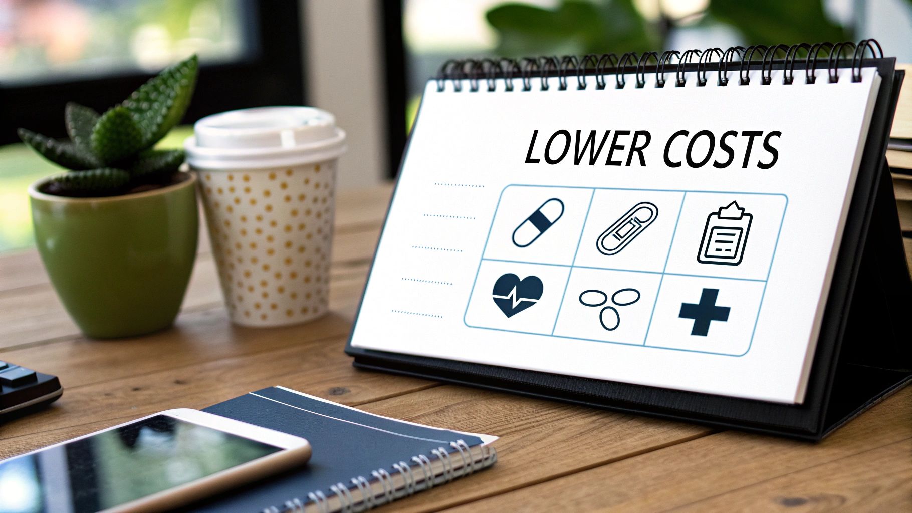 A desk calendar titled 'LOWER COSTS' with icons representing medicine, health, and medical care.