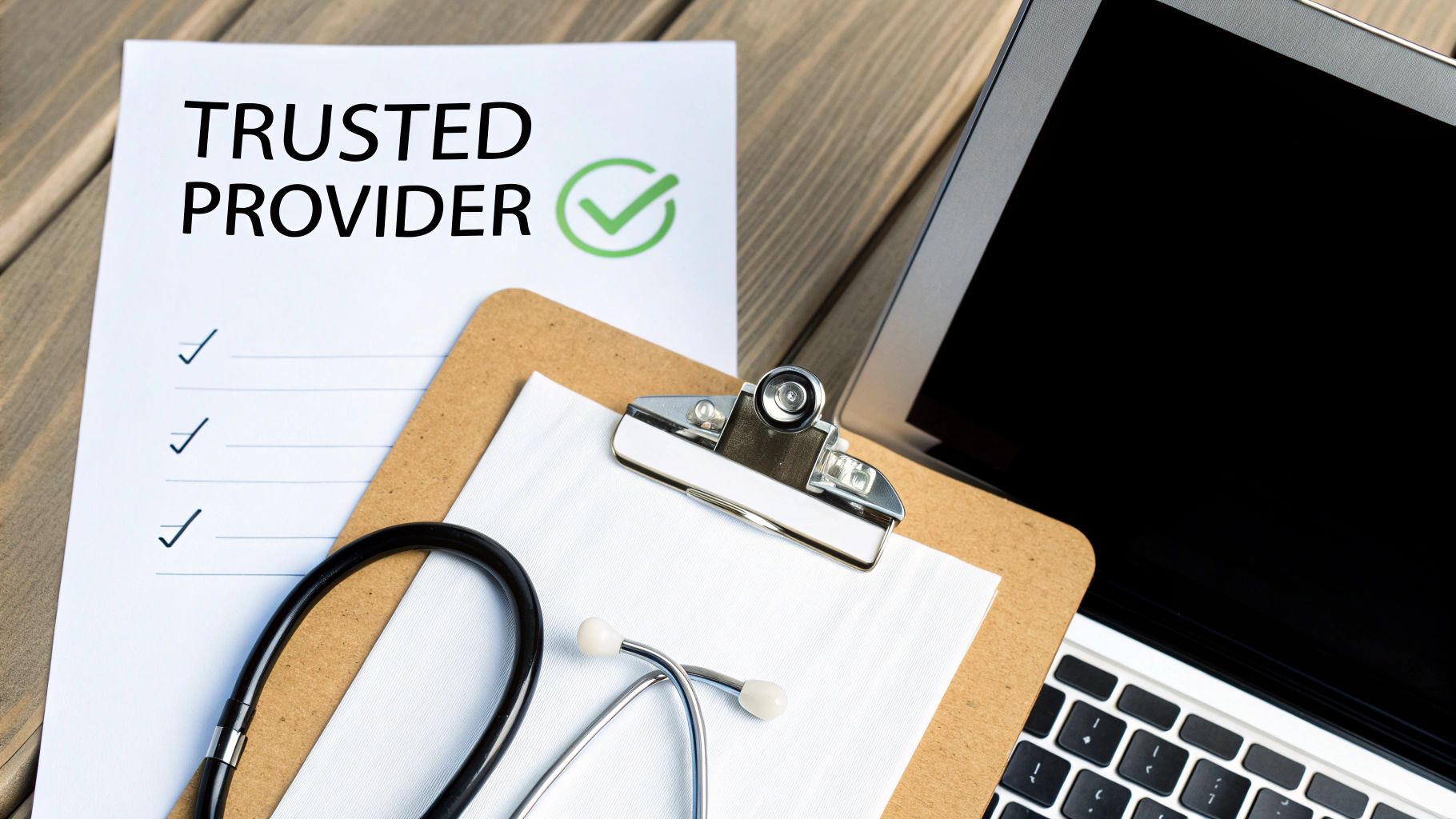 A document reading "TRUSTED PROVIDER" with a green checkmark, a stethoscope, clipboard, and laptop on a wooden desk.