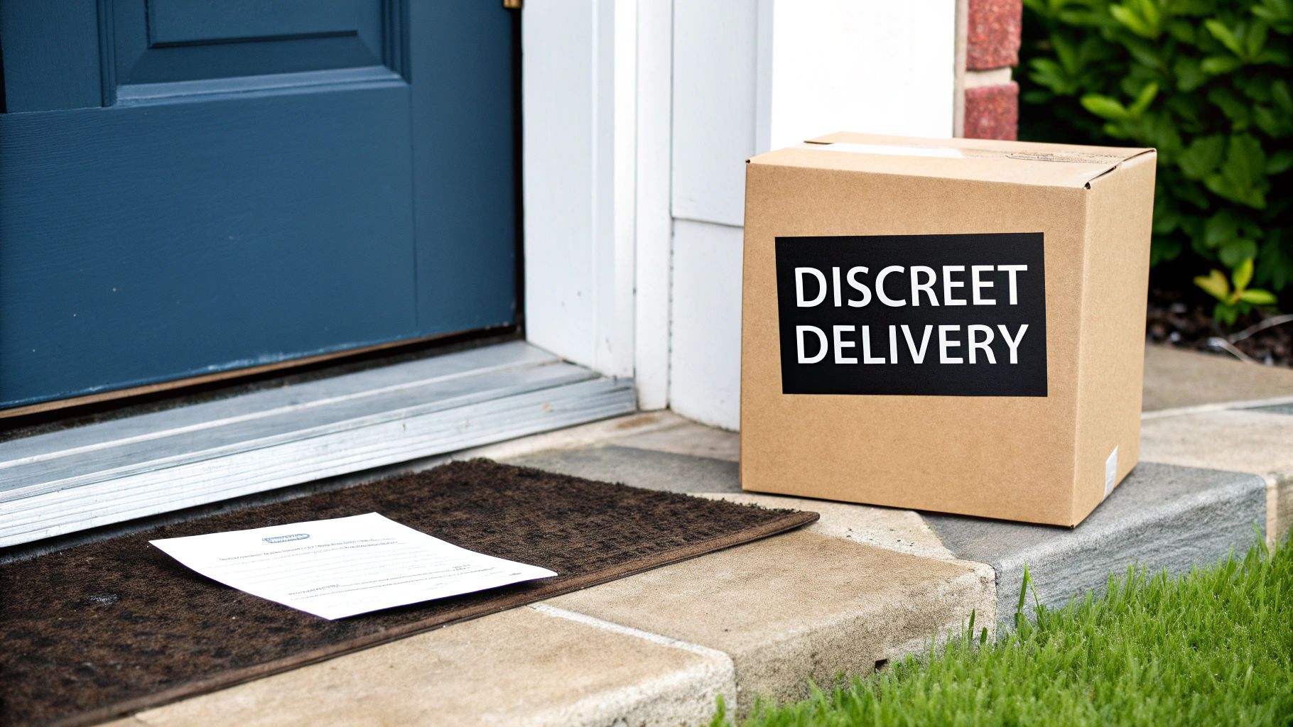 A discreet delivery package box on a porch next to a blue front door.