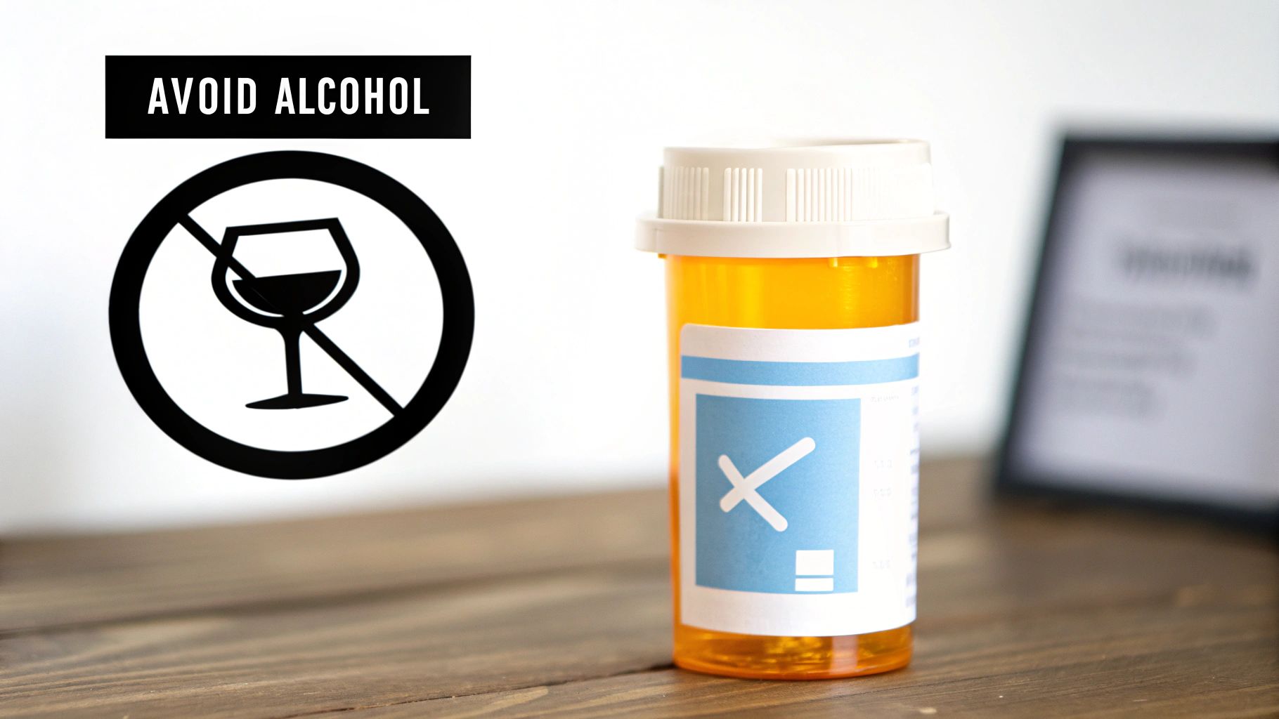A prescription pill bottle next to a black symbol indicating to avoid alcohol.
