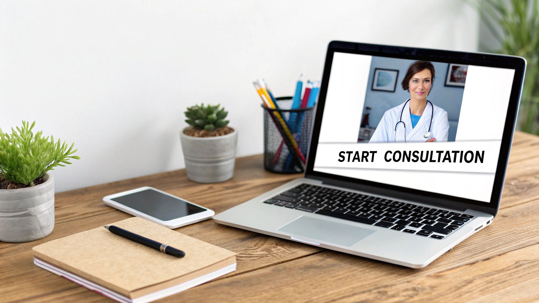 A laptop displays a female doctor for online consultation with a 'START CONSULTATION' button on a wooden desk.