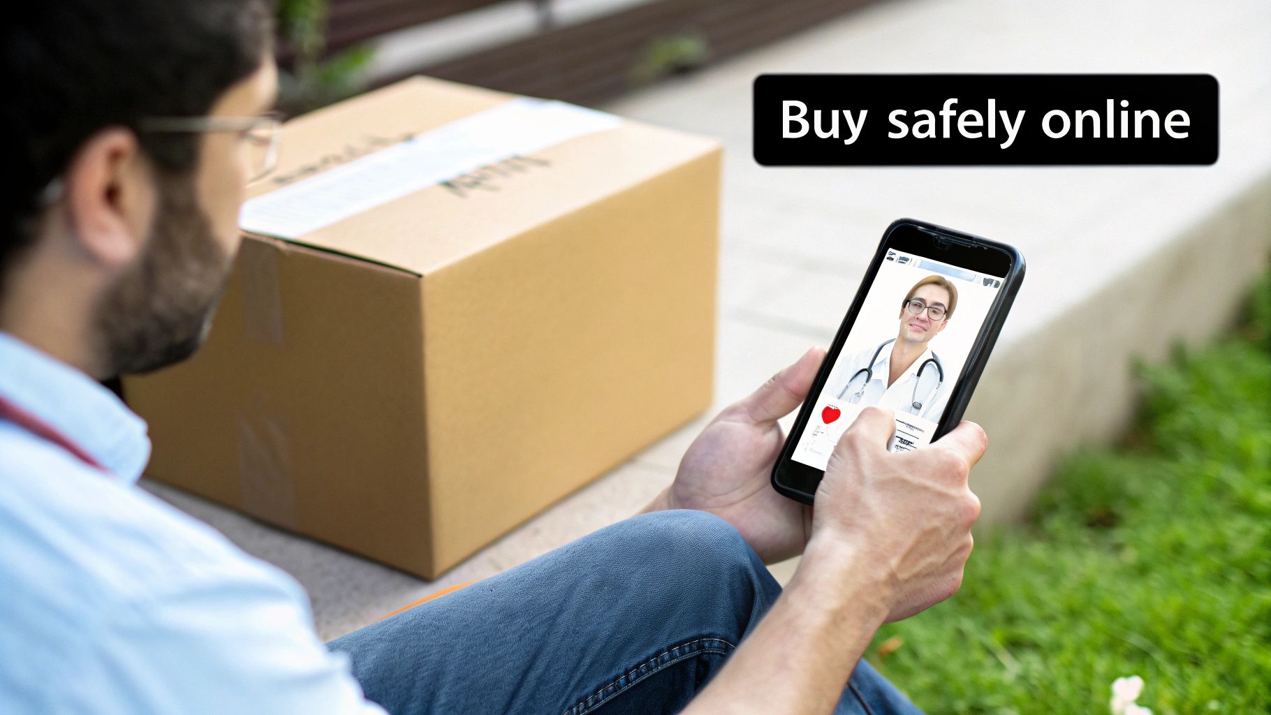 Man buying safely online with a doctor on his smartphone and a delivery box nearby.