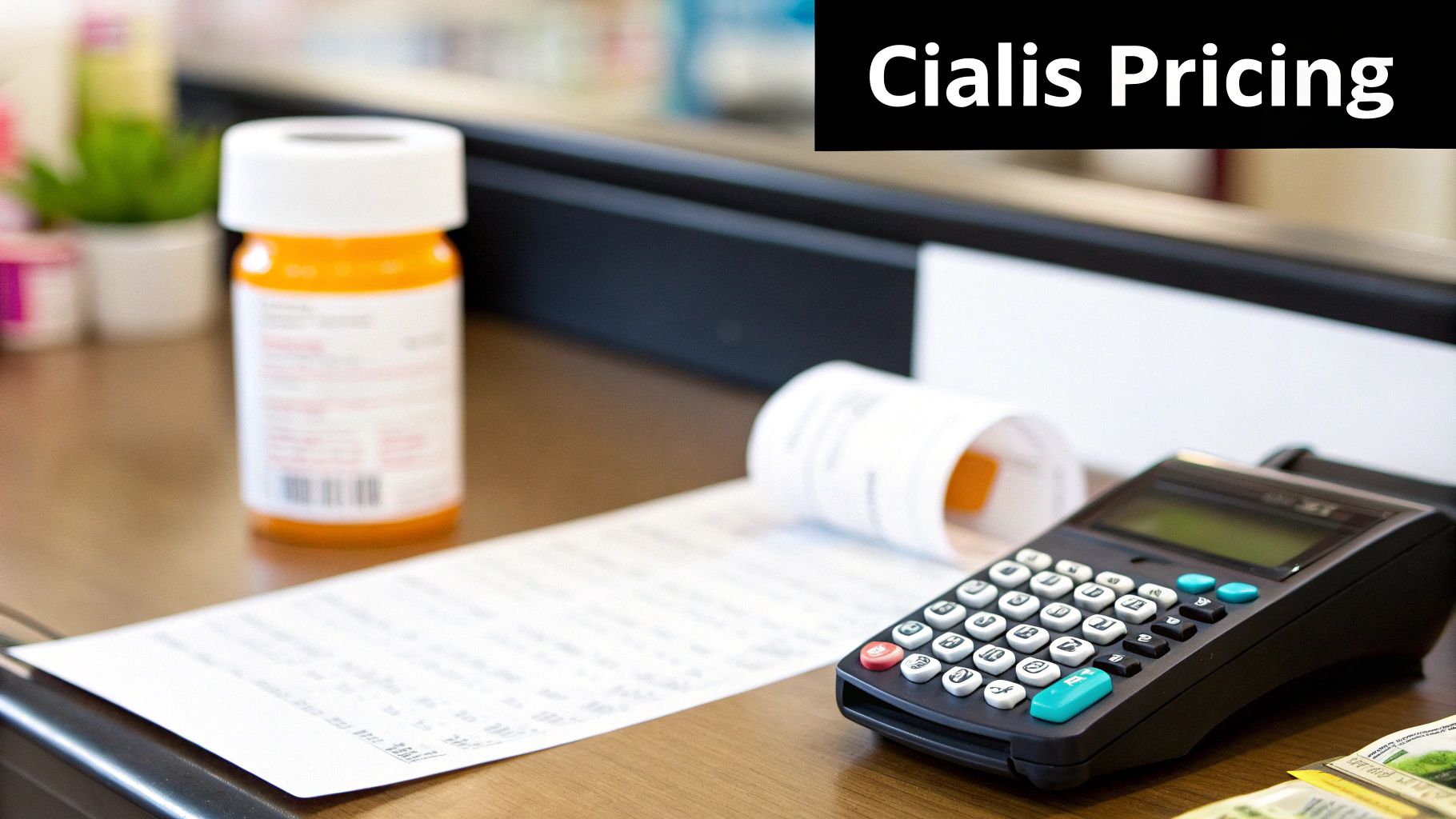 Cialis pricing displayed with a prescription bottle, calculator, and receipt on a pharmacy counter.