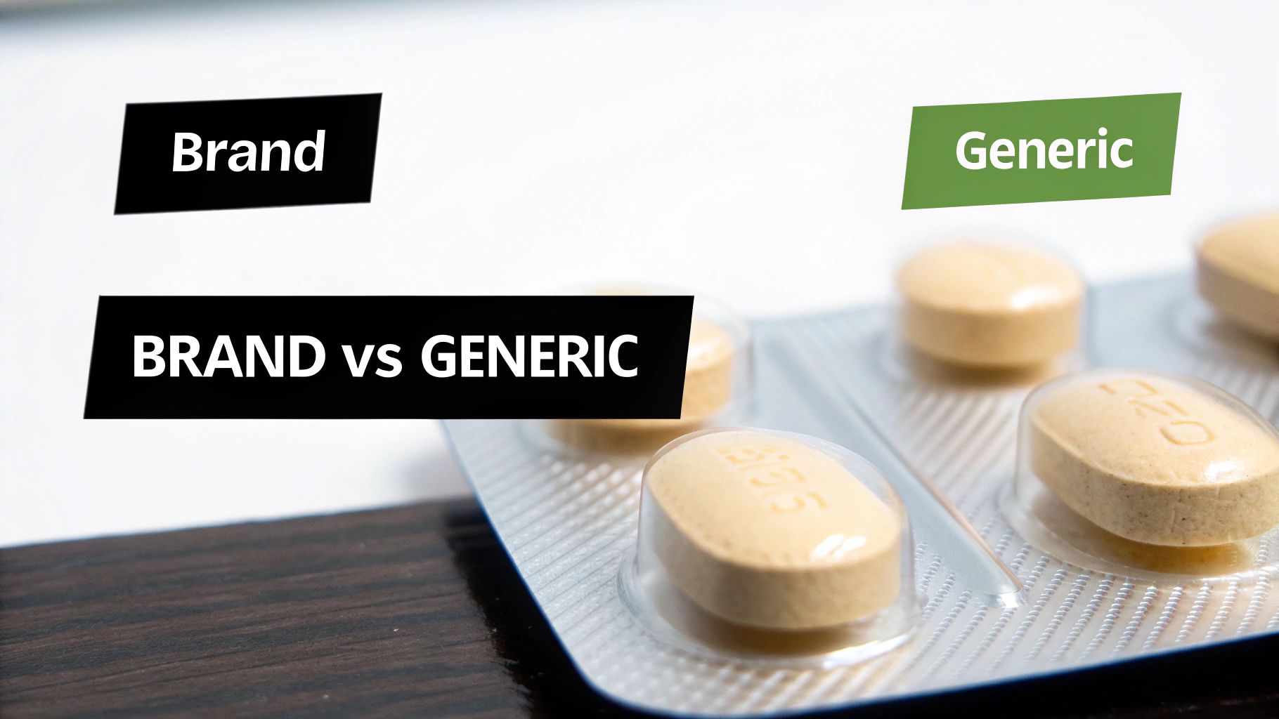 Blister pack of light brown pills with text overlays 'Brand', 'Generic', and 'BRAND vs GENERIC'.