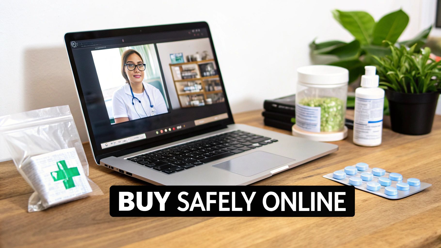 Telemedicine consultation on a laptop with a doctor, surrounded by medication and health products, promoting safe online purchases.