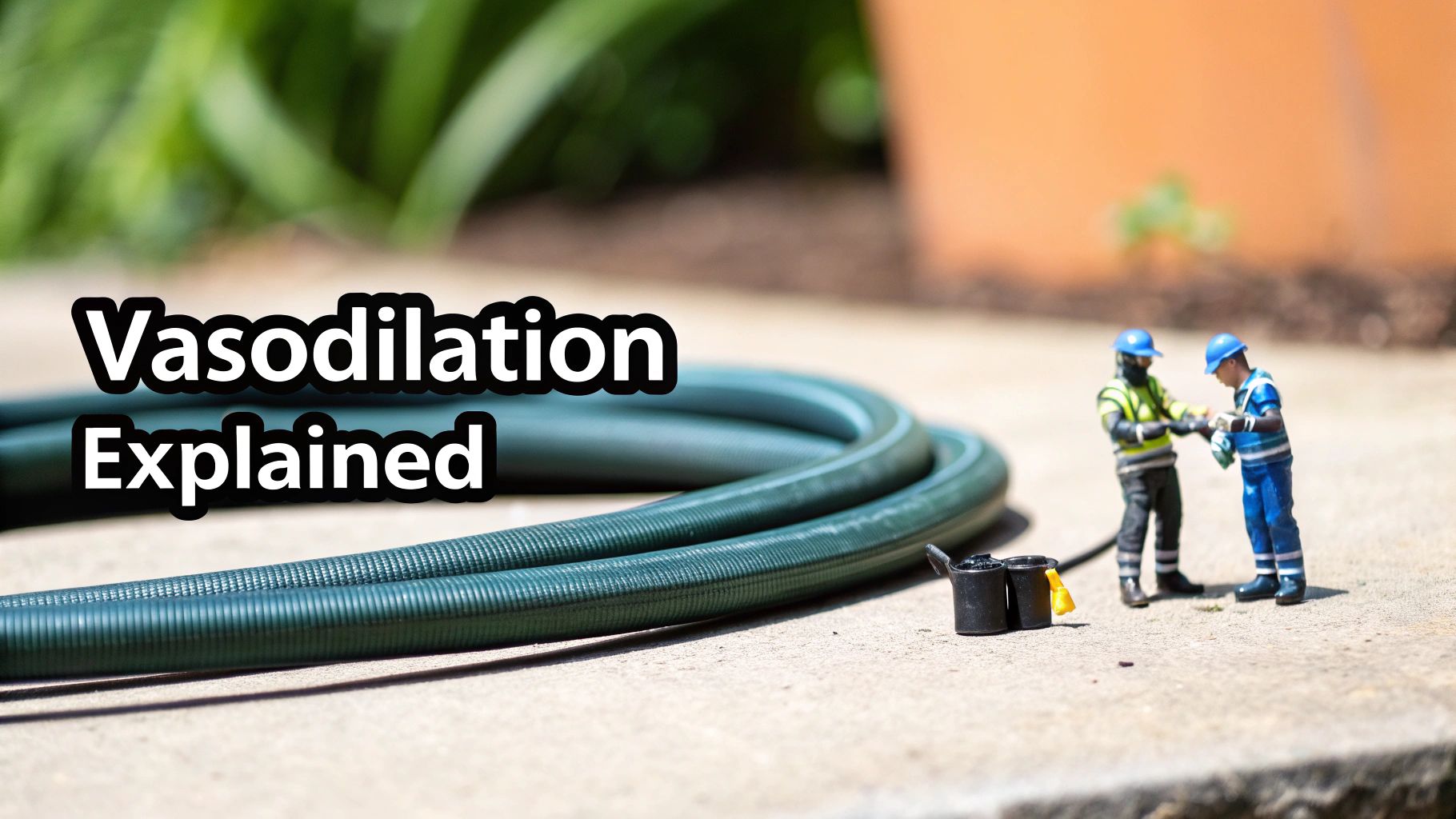 Two miniature workers near a coiled green garden hose, with 'Vasodilation Explained' text overlay.