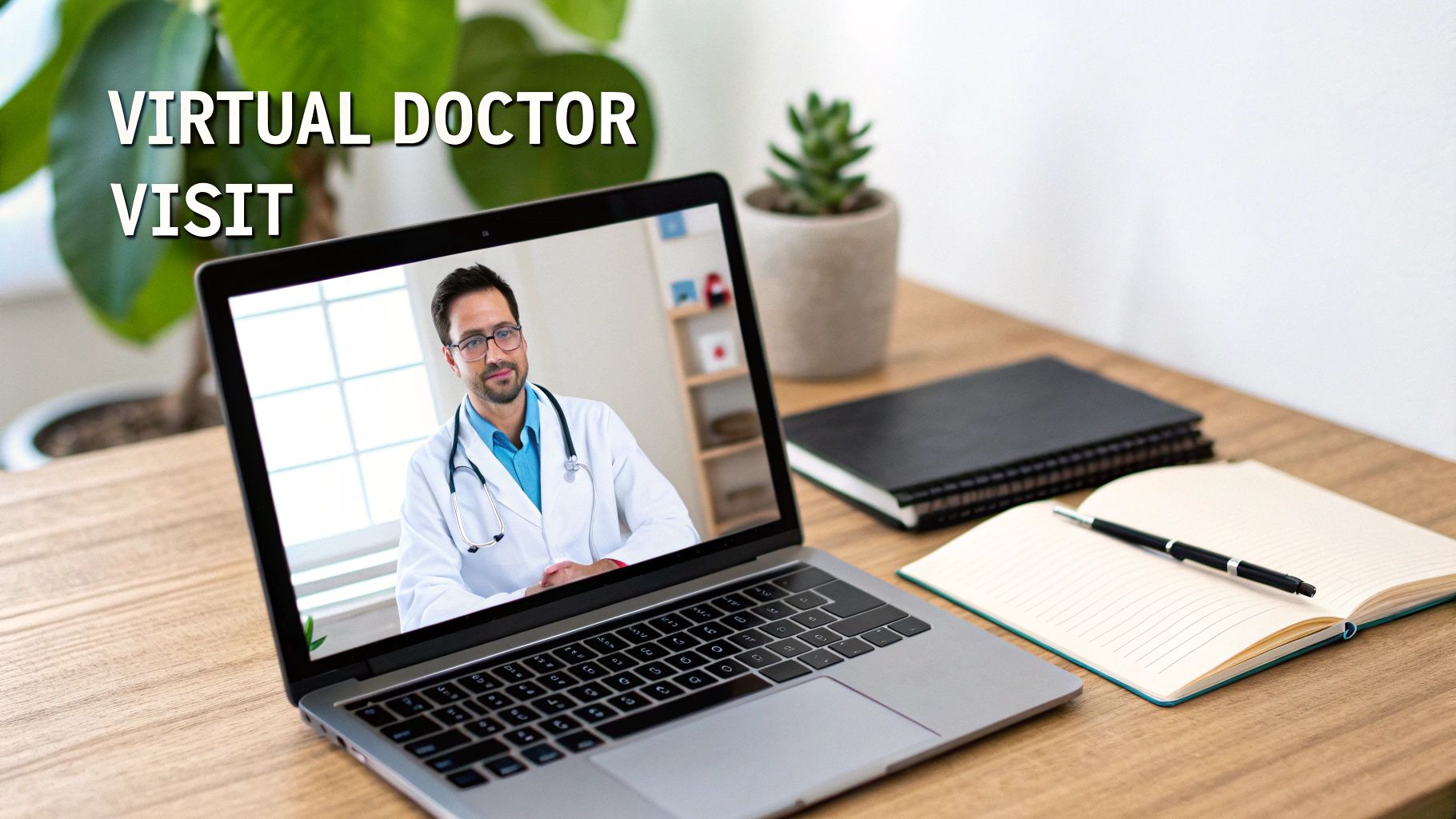 A man sitting comfortably on his couch, having a video call with a doctor on his laptop, representing a modern telehealth consultation.