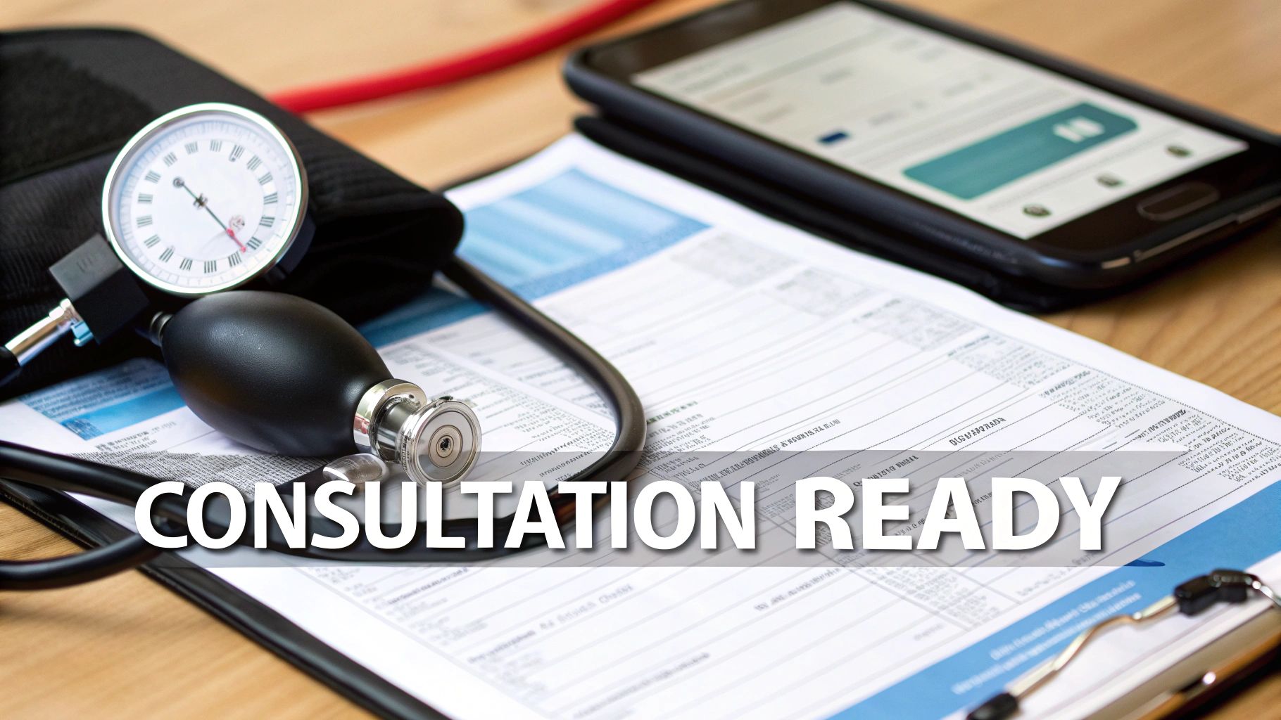 Close-up of a blood pressure cuff, stethoscope, and medical forms with a smartphone, indicating readiness for a consultation.