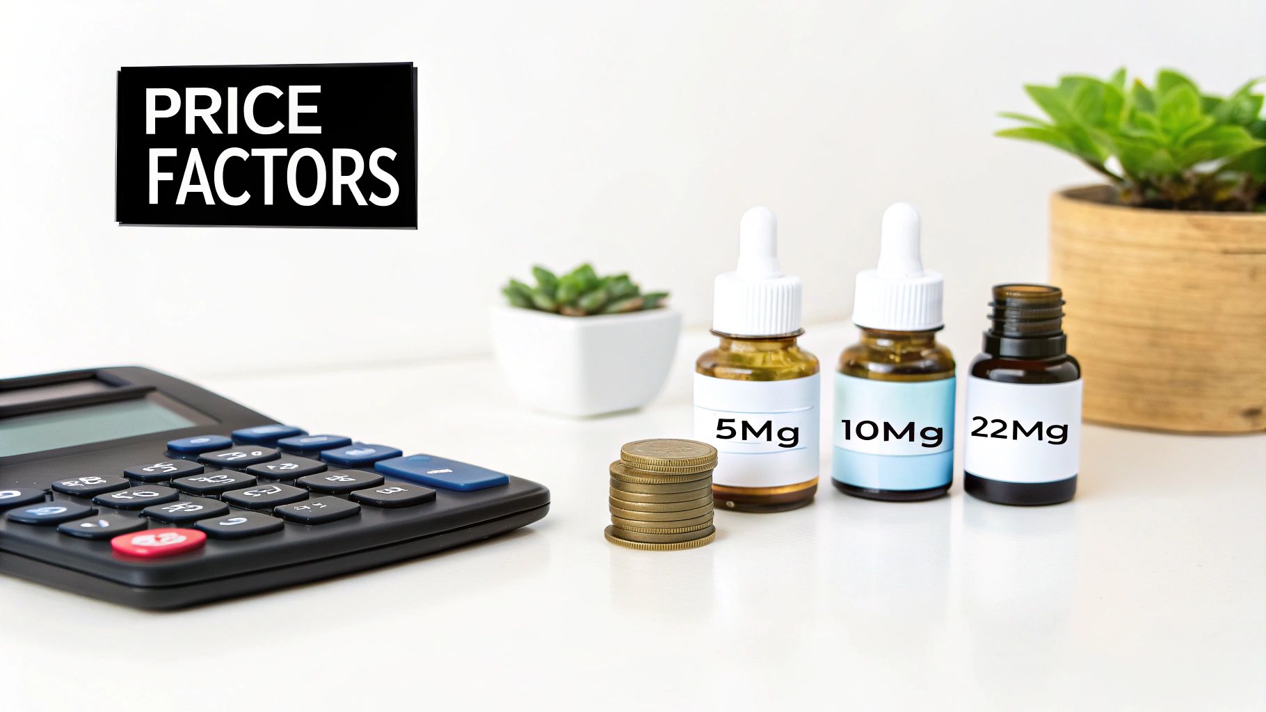 A sign says "PRICE FACTORS" above a calculator, coins, and bottles with 5Mg, 10Mg, 22Mg dosages.