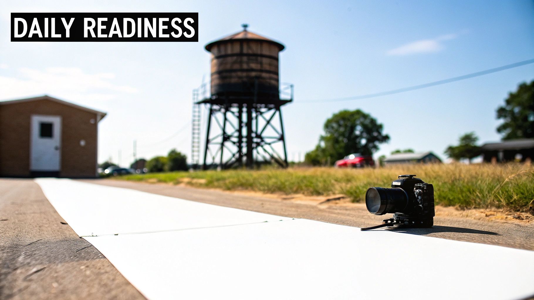 A black camera rests on the ground next to a white path, with a water tower and building in the distance.