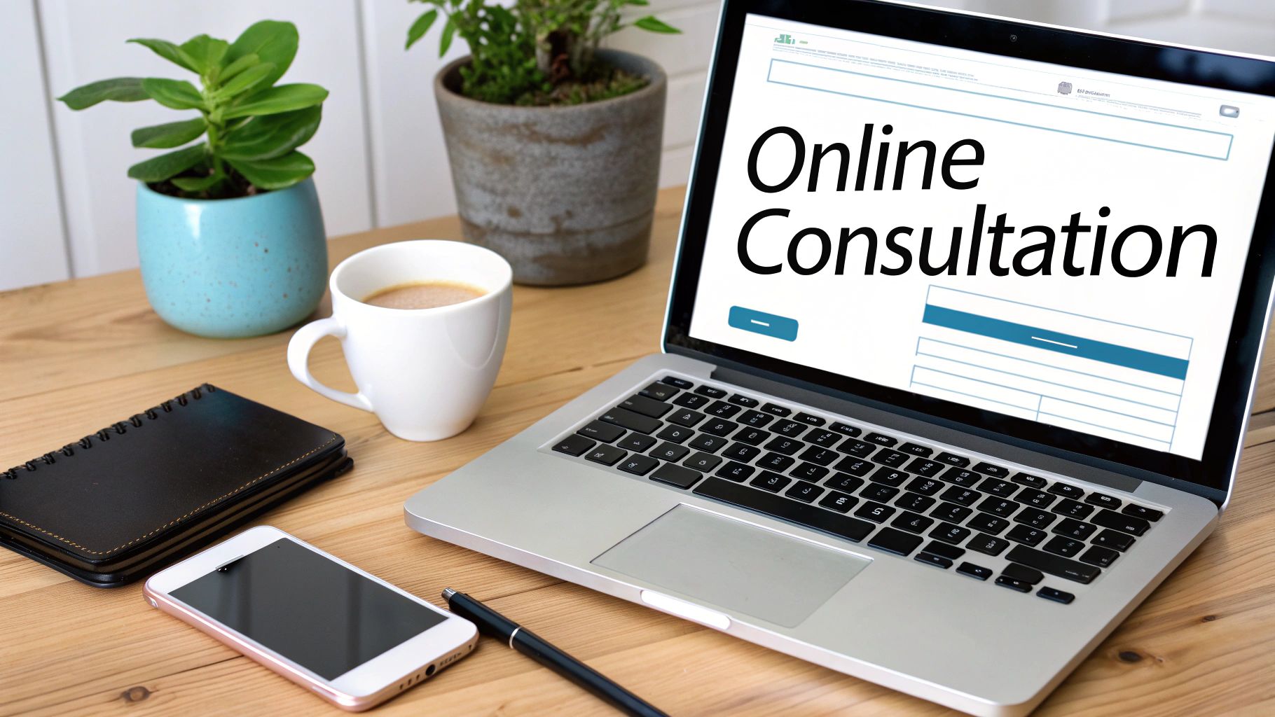 A laptop displaying 'Online Consultation' on a wooden desk with coffee, a phone, and plants.