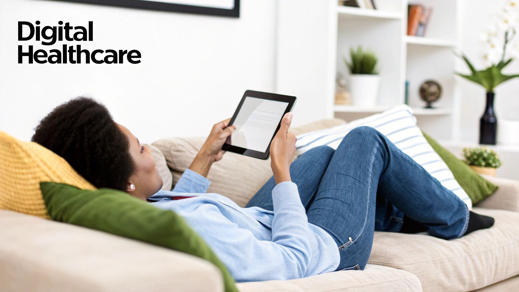 A person comfortably using a laptop at home for a healthcare consultation.