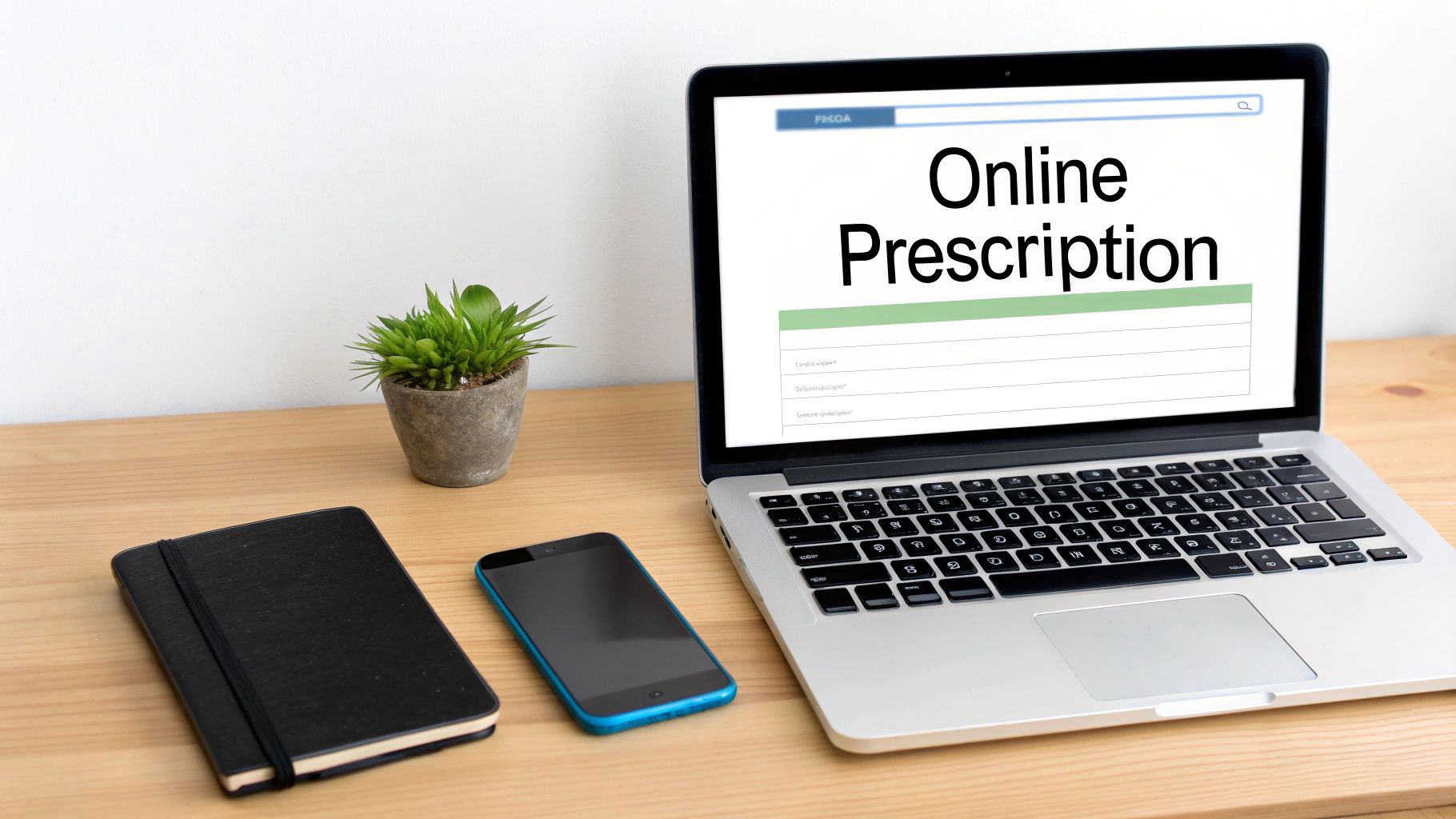 A laptop displaying 'Online Prescription' on screen, a smartphone, notebook, and plant on a desk.