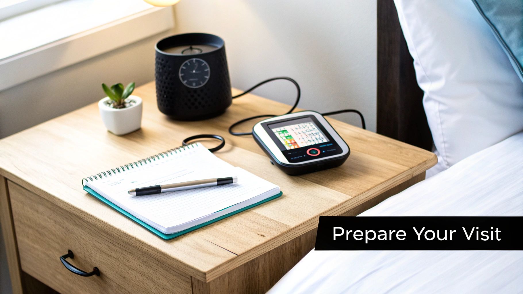 Close-up of a bedside table featuring a notebook, pen, plant, clock, and health monitoring device.