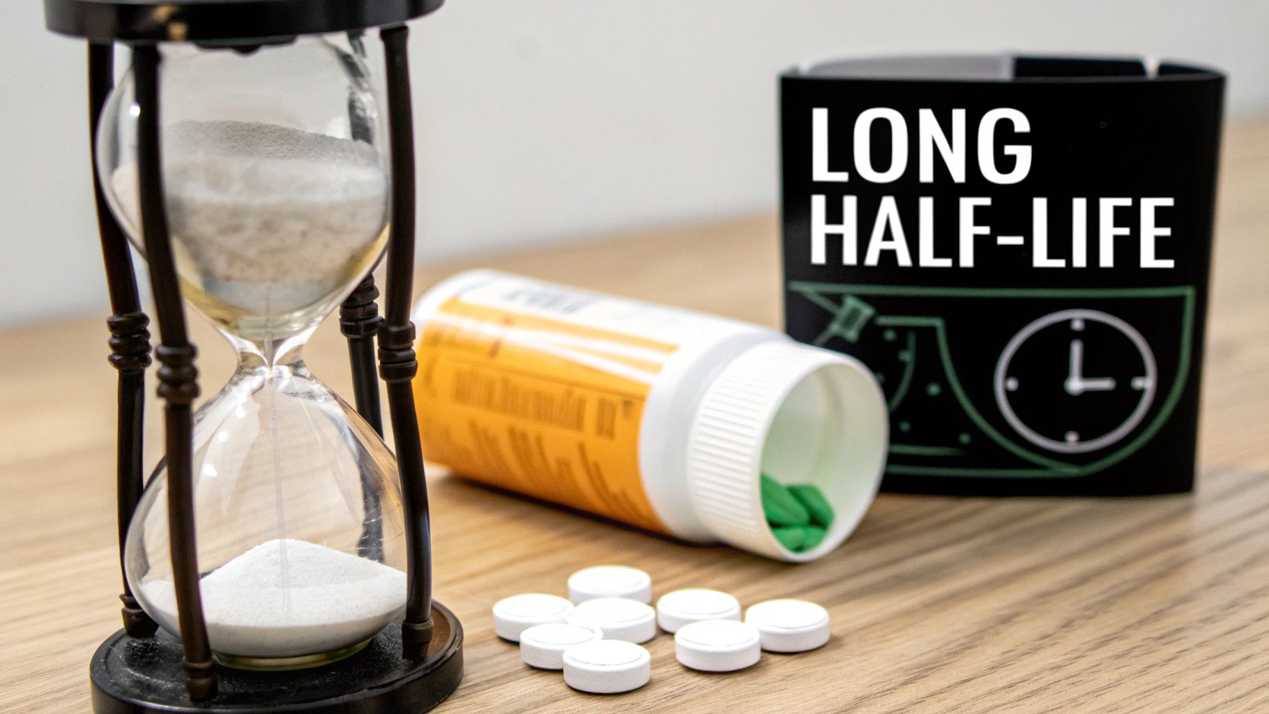 An hourglass, a pill bottle with green pills, and white tablets on a table, illustrating drug half-life.