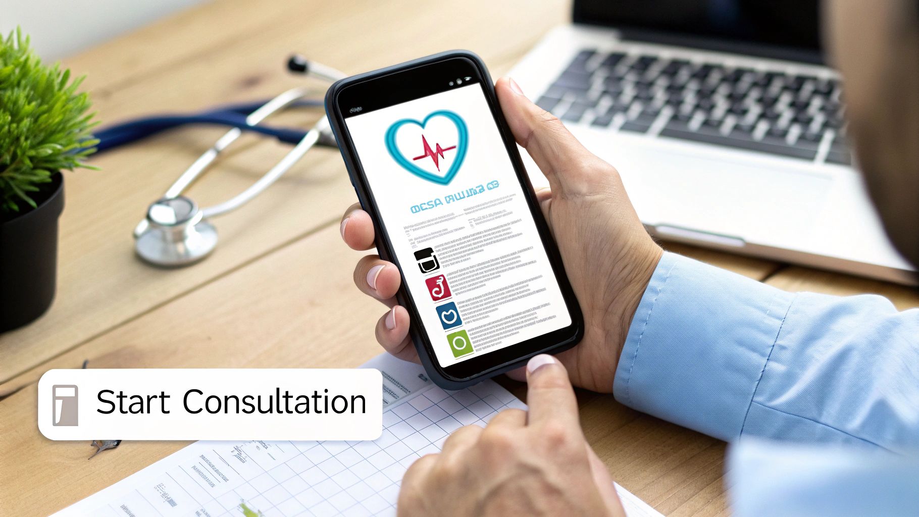 A person holds a smartphone displaying a medical app with a heart icon, ready to start an online consultation.