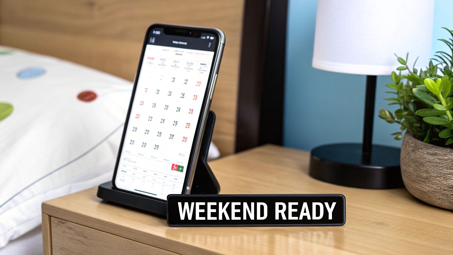 Smartphone displaying a calendar app, a 'WEEKEND READY' sign, a lamp, and a potted plant on a wooden nightstand.