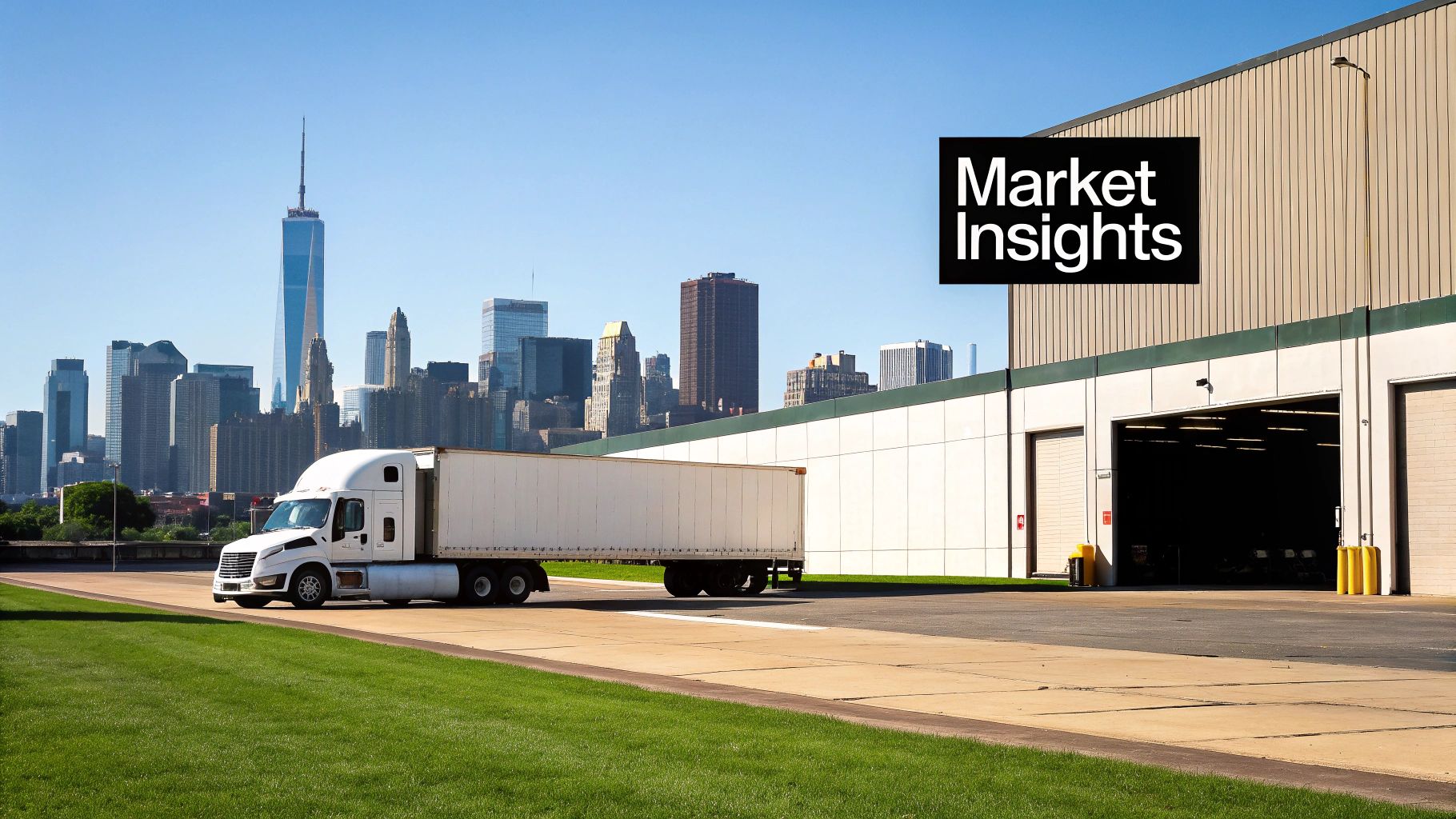 A semi-truck drives past a warehouse with a city skyline in the background, including One World Trade Center.