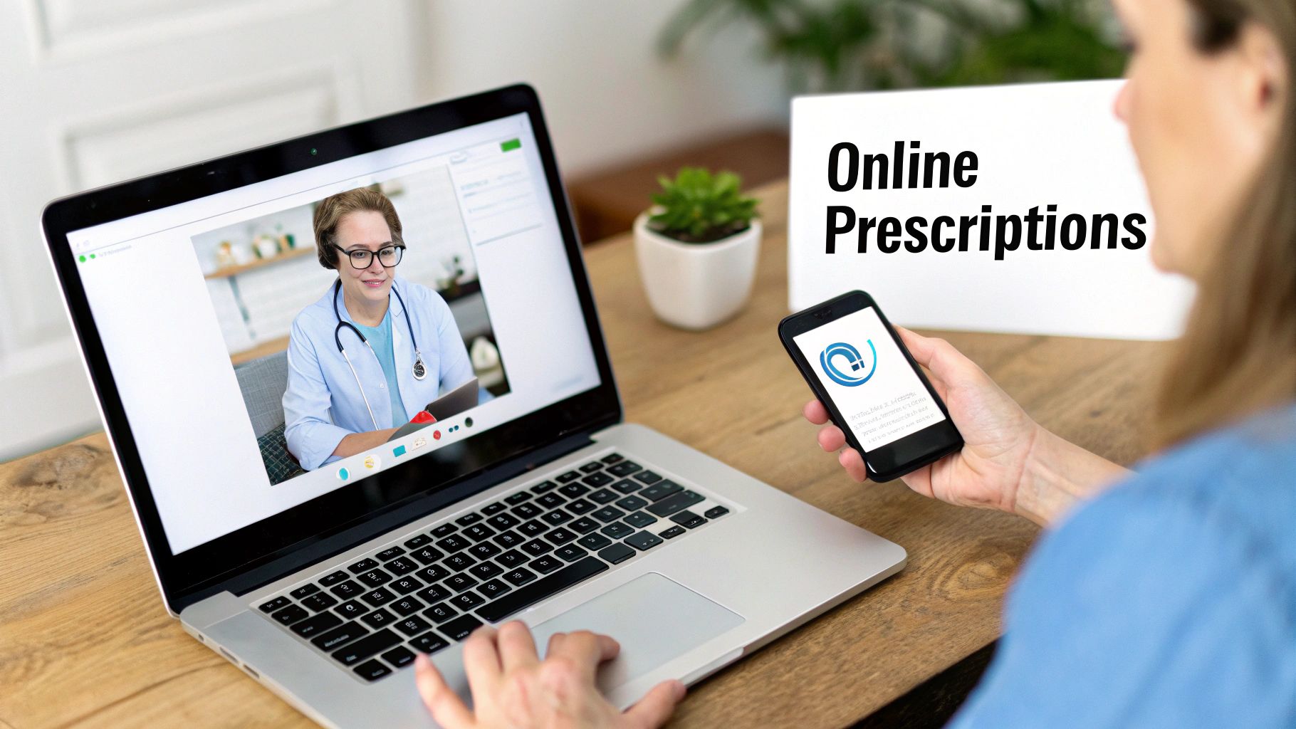 A woman engaged in a video call with a doctor on a laptop, utilizing a smartphone for online prescriptions.
