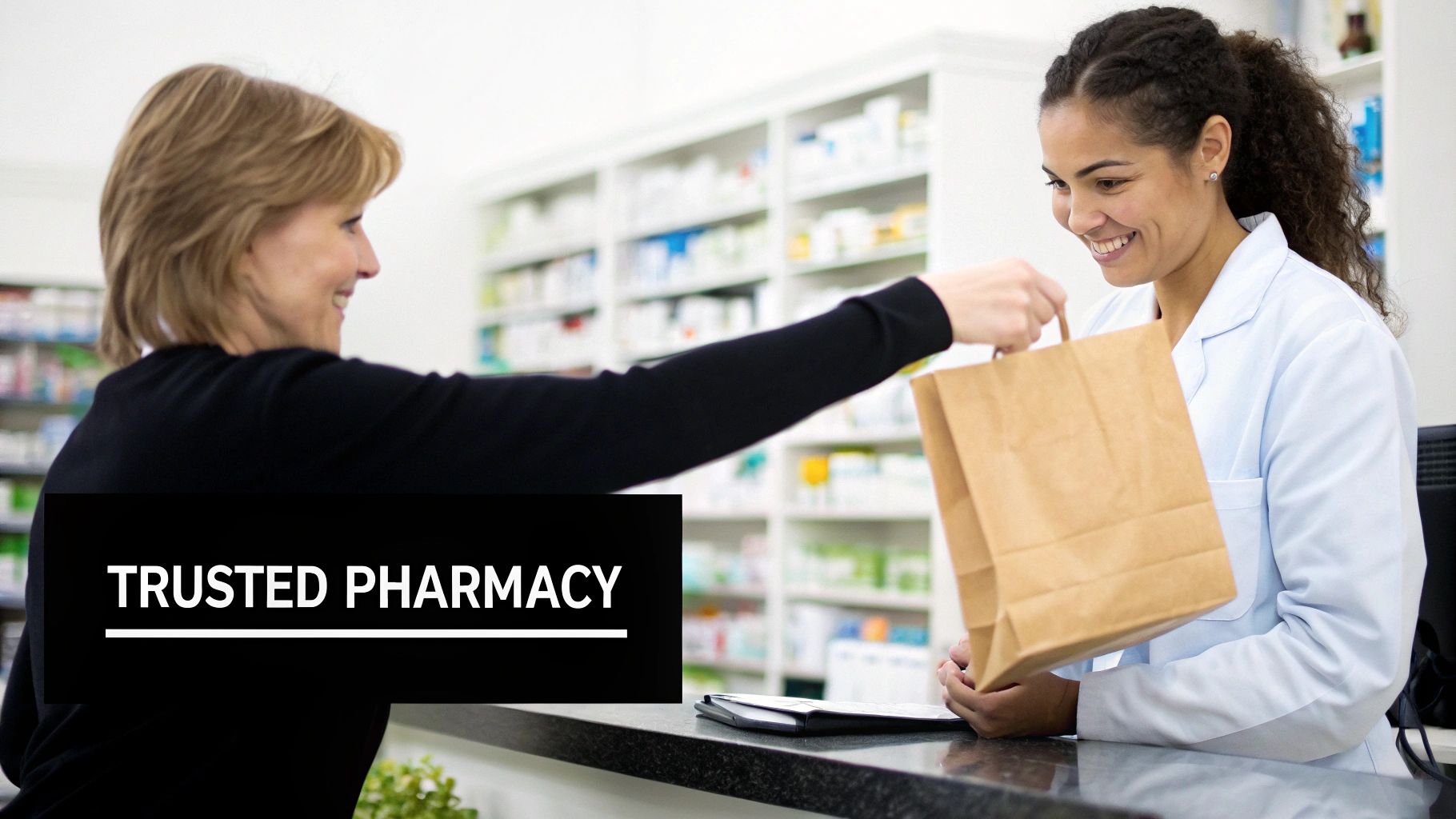 A smiling pharmacist hands a paper bag to a customer in a trusted pharmacy.